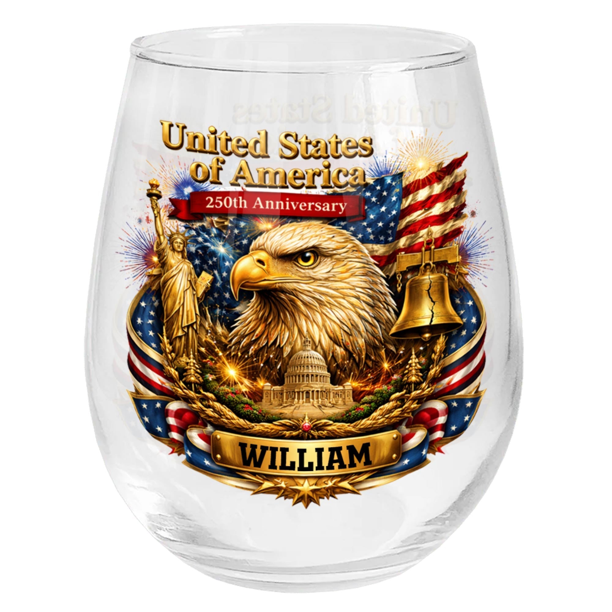 Personalized Stemless Wine Glass USA Flag Custom Name Gift