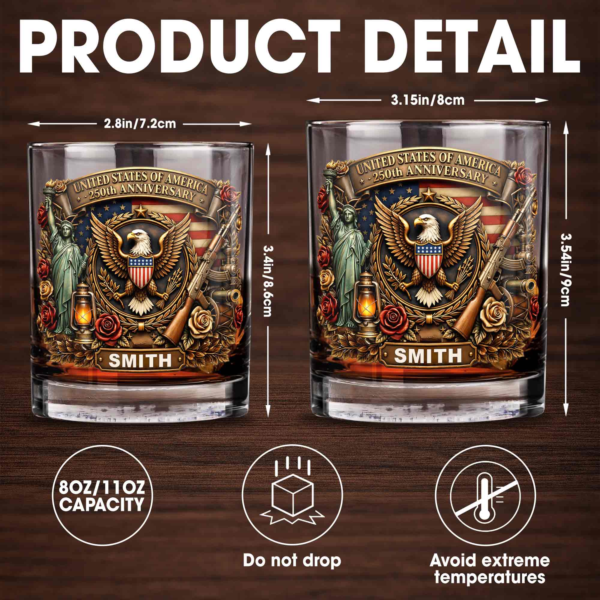 Personalized Whiskey Glass Custom Name 250th Anniversary Gift for Dad