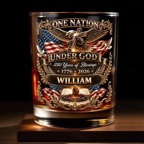 Personalized Whiskey Glass with Eagle Cross & American Flag Gift for Dad