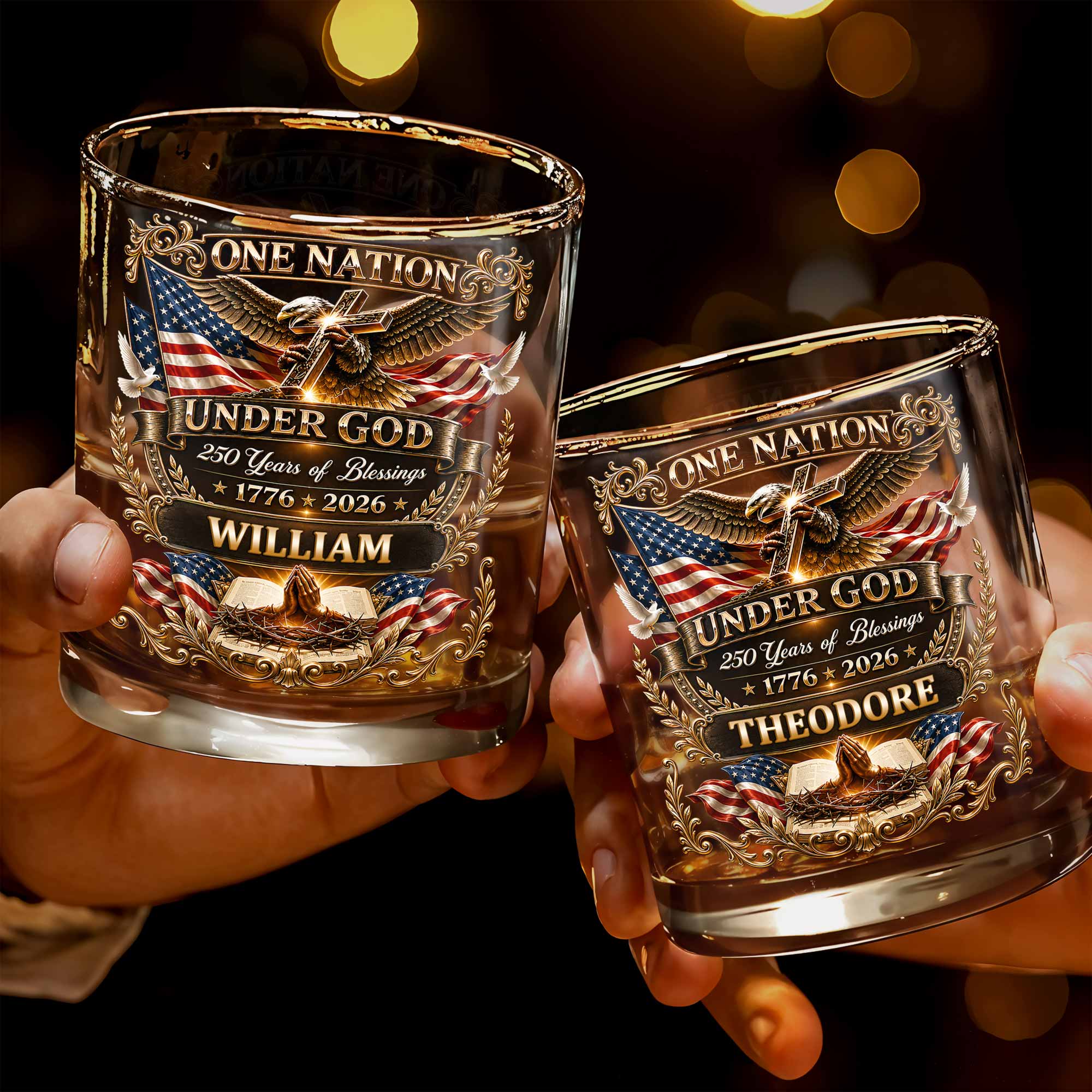 Personalized Whiskey Glass with Eagle Cross & American Flag Gift for Dad