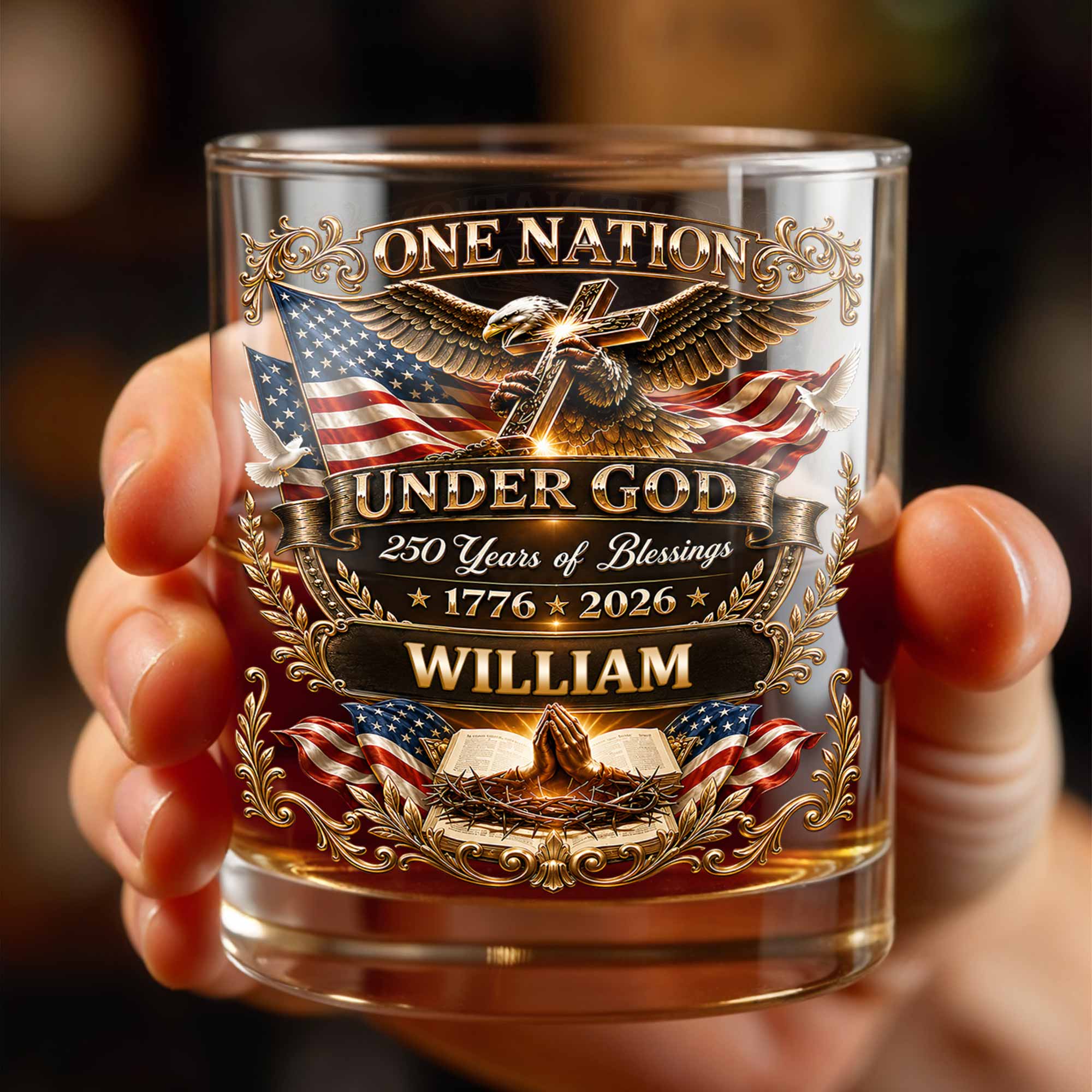 Personalized Whiskey Glass with Eagle Cross & American Flag Gift for Dad