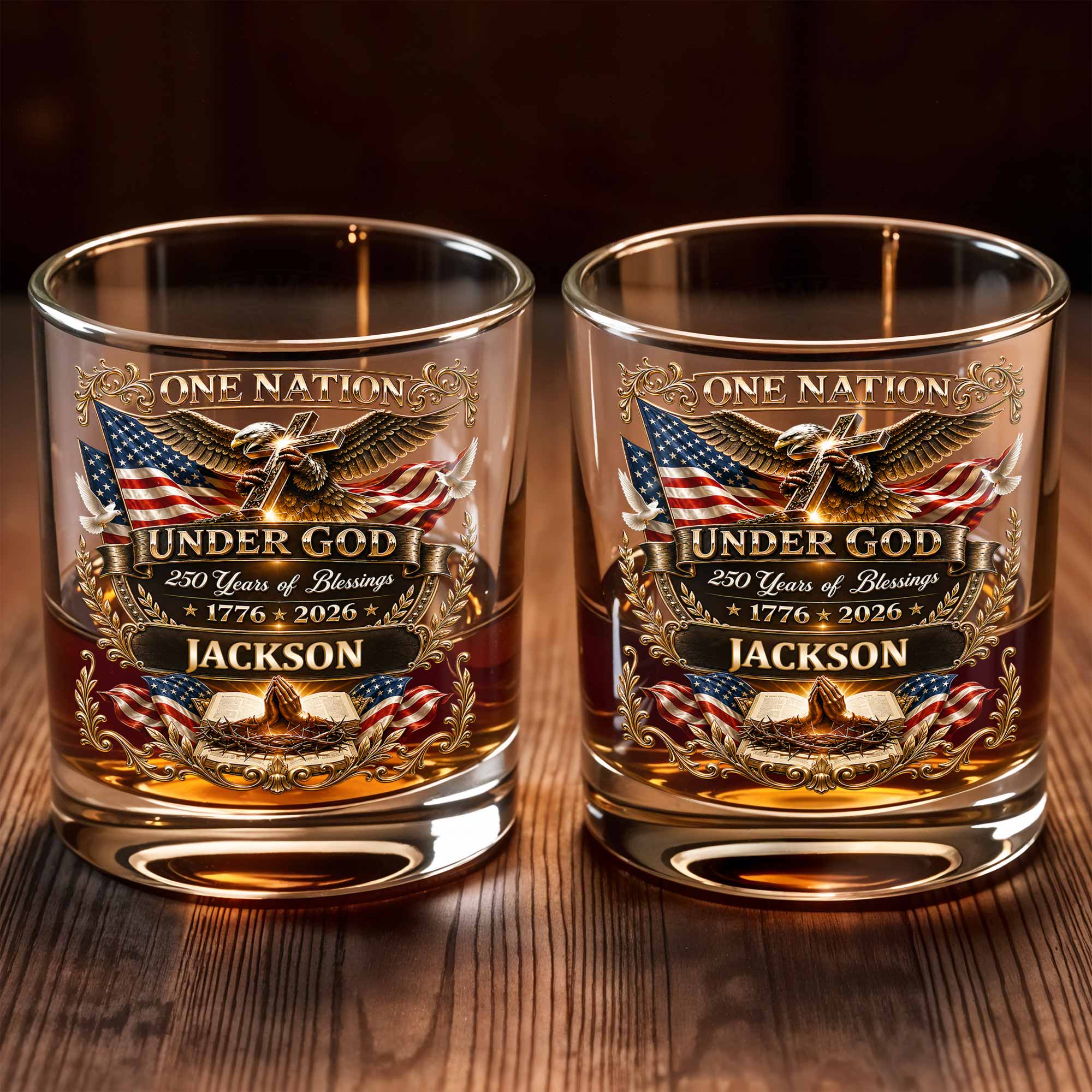 Personalized Whiskey Glass with Eagle Cross & American Flag Gift for Dad
