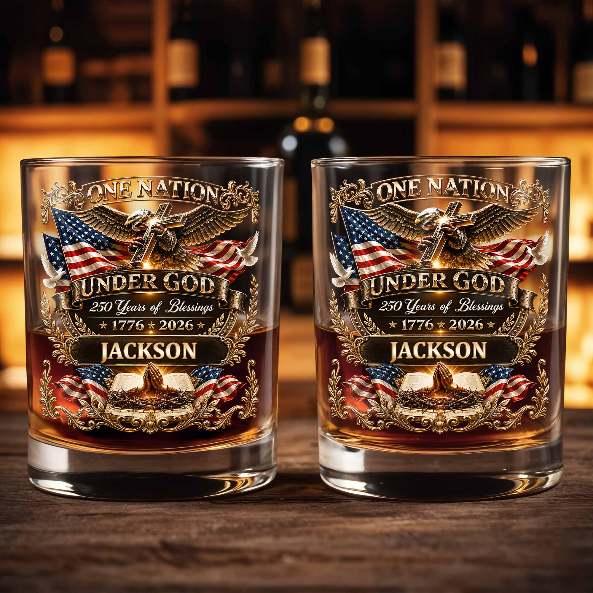 Personalized Whiskey Glass with Eagle Cross & American Flag Gift for Dad