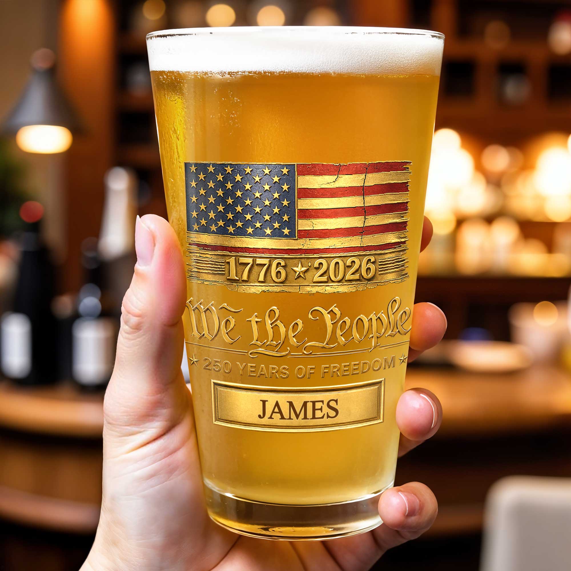 Personalized USA Flag Beer Glass Custom Name Gift for Dad