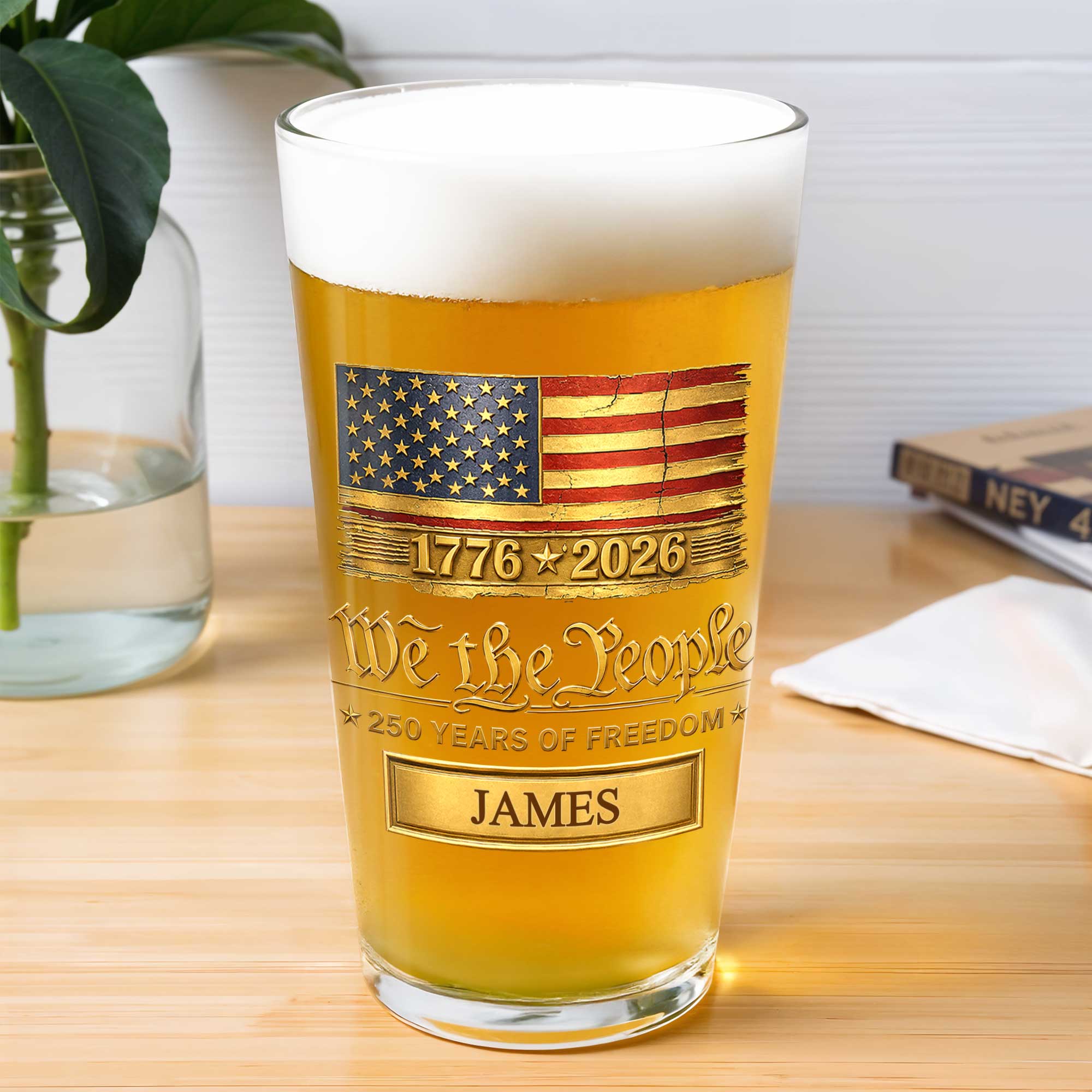 Personalized USA Flag Beer Glass Custom Name Gift for Dad