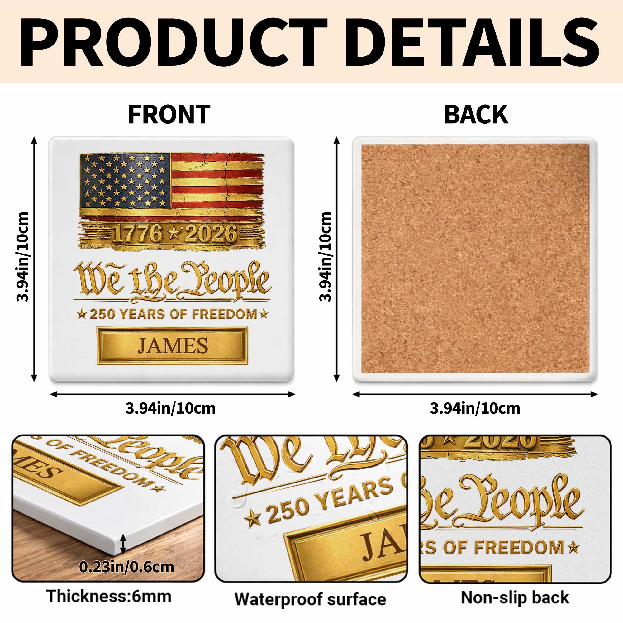 Personalized American Flag Ceramic Coaster Custom Name Gift for Dad