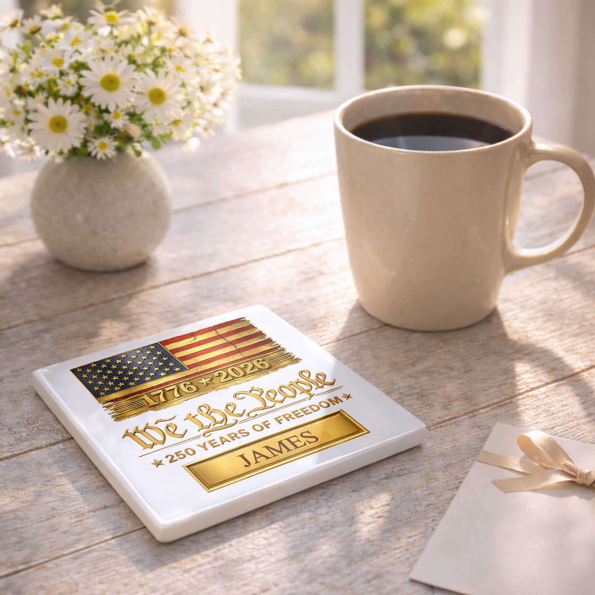 Personalized American Flag Ceramic Coaster Custom Name Gift for Dad