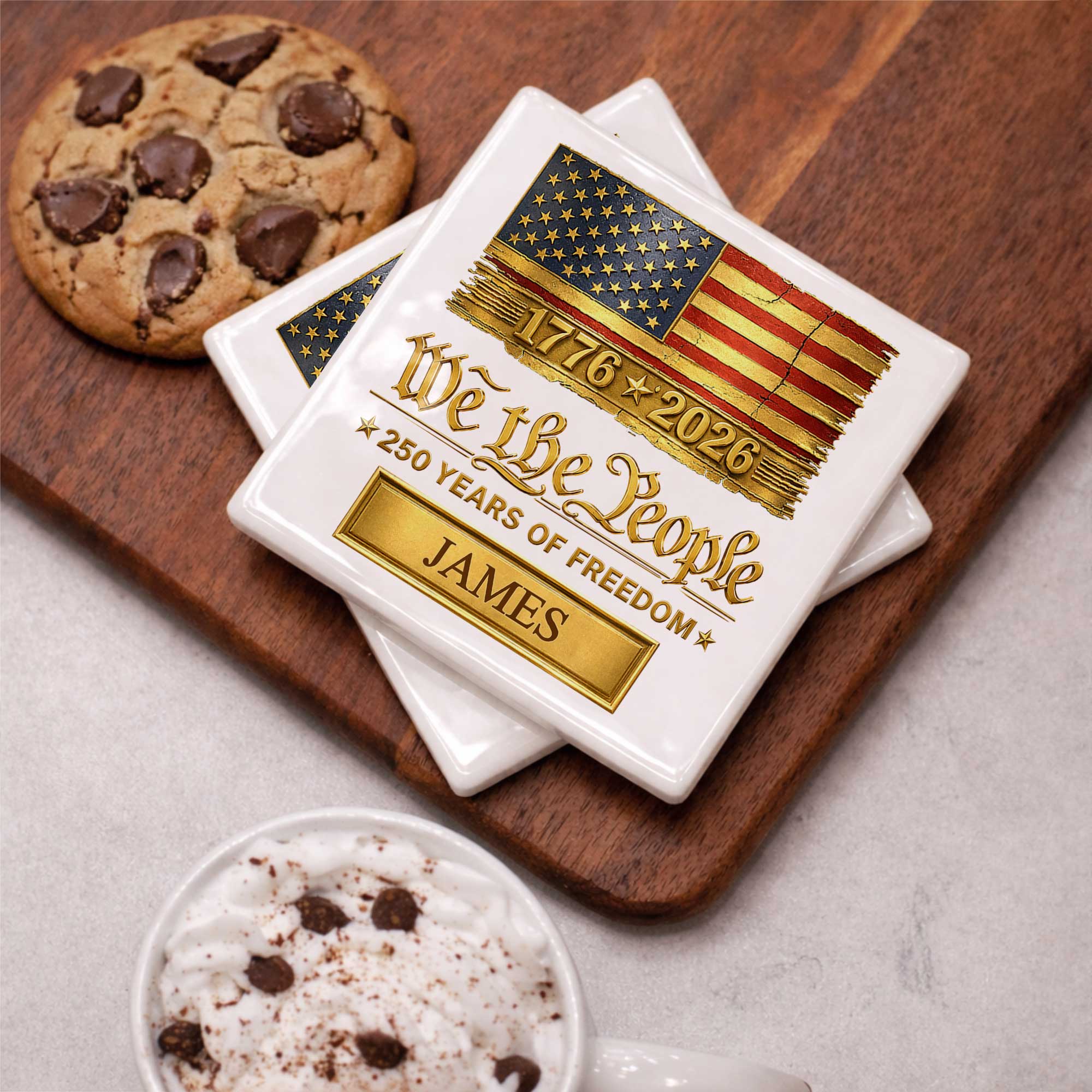 Personalized American Flag Ceramic Coaster Custom Name Gift for Dad