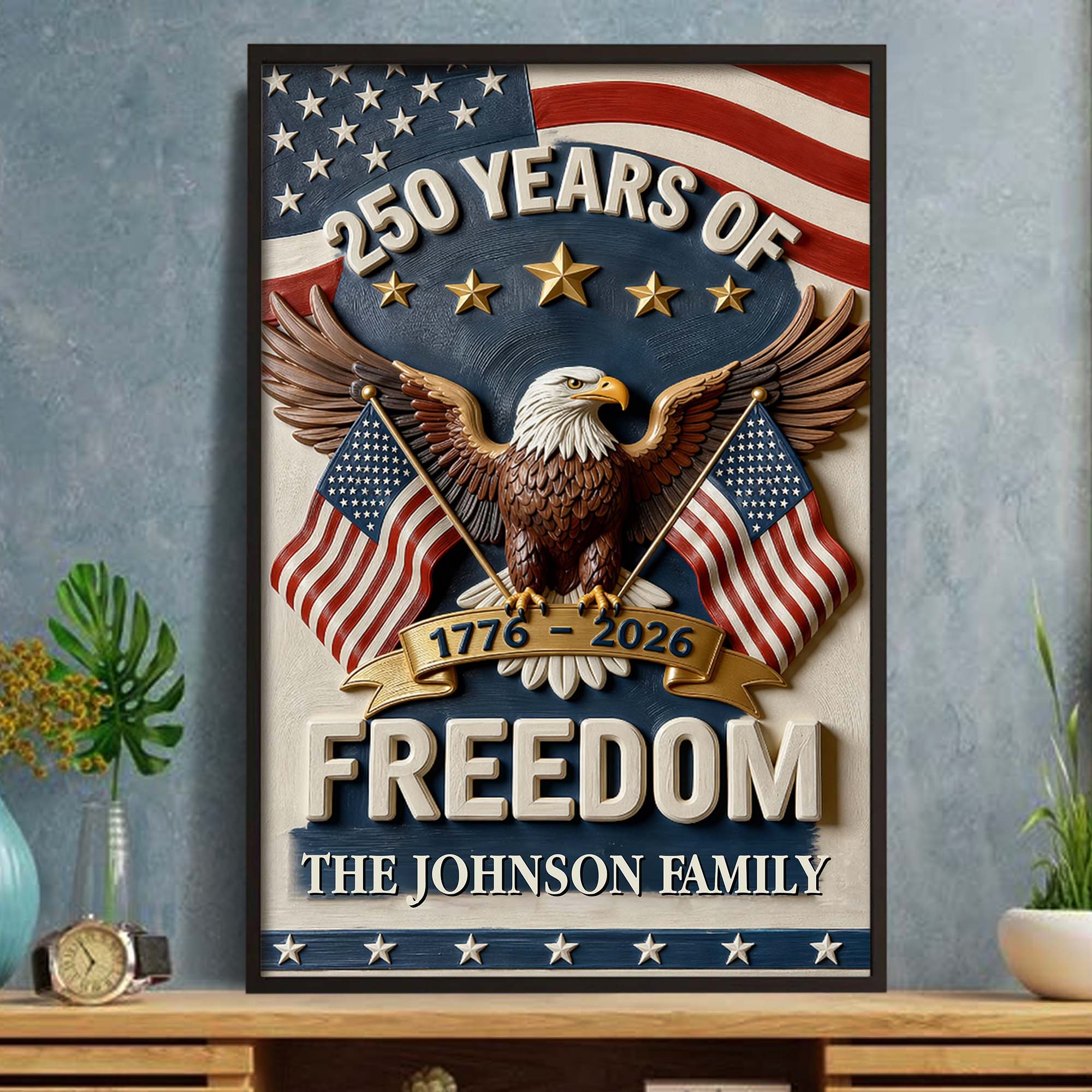 Personalized Vertical Poster with American Flag Bald Eagle Custom Family Name Gift for Dad