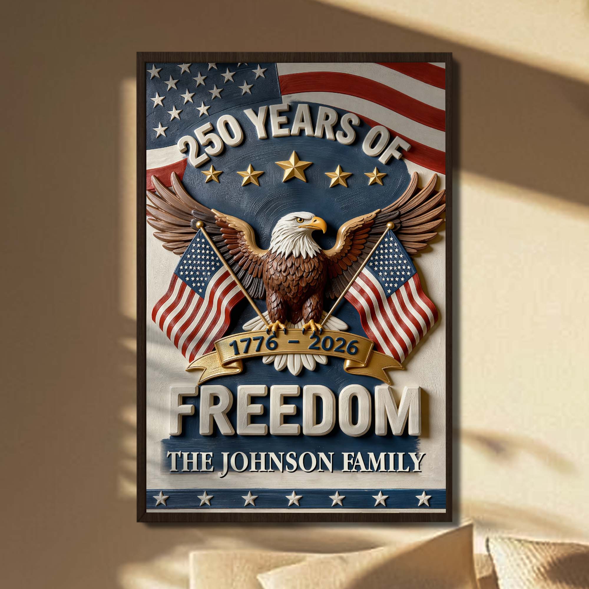 Personalized Vertical Poster with American Flag Bald Eagle Custom Family Name Gift for Dad