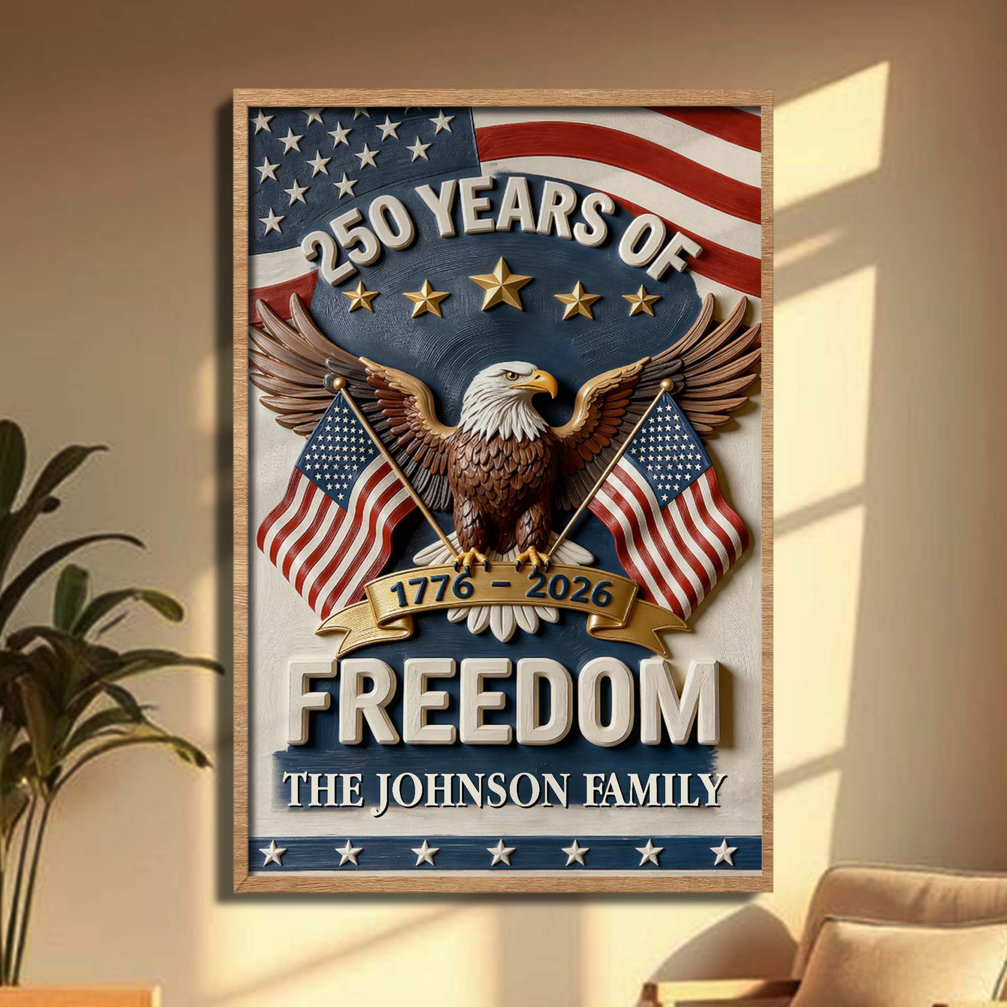 Personalized Vertical Poster with American Flag Bald Eagle Custom Family Name Gift for Dad