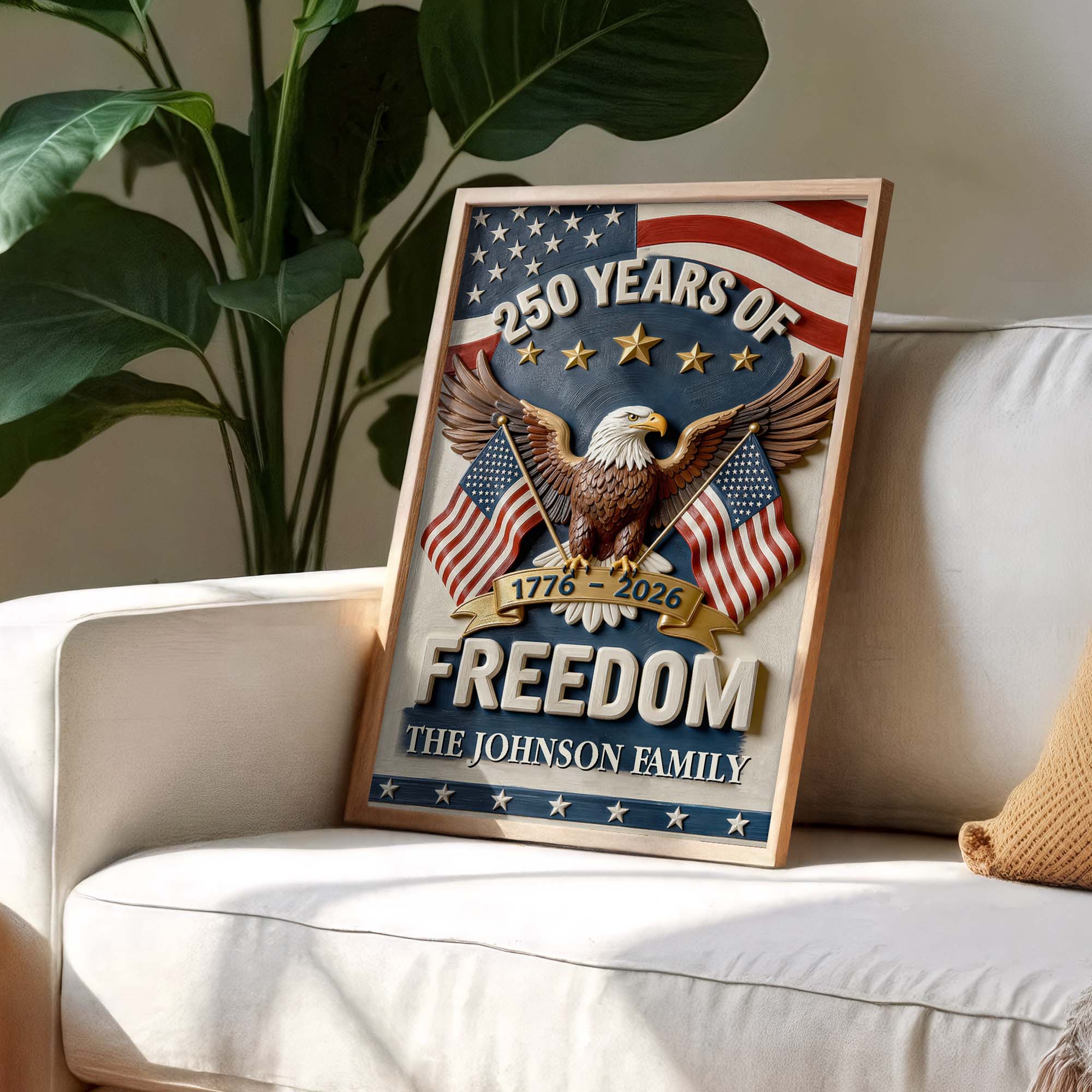 Personalized Vertical Poster with American Flag Bald Eagle Custom Family Name Gift for Dad