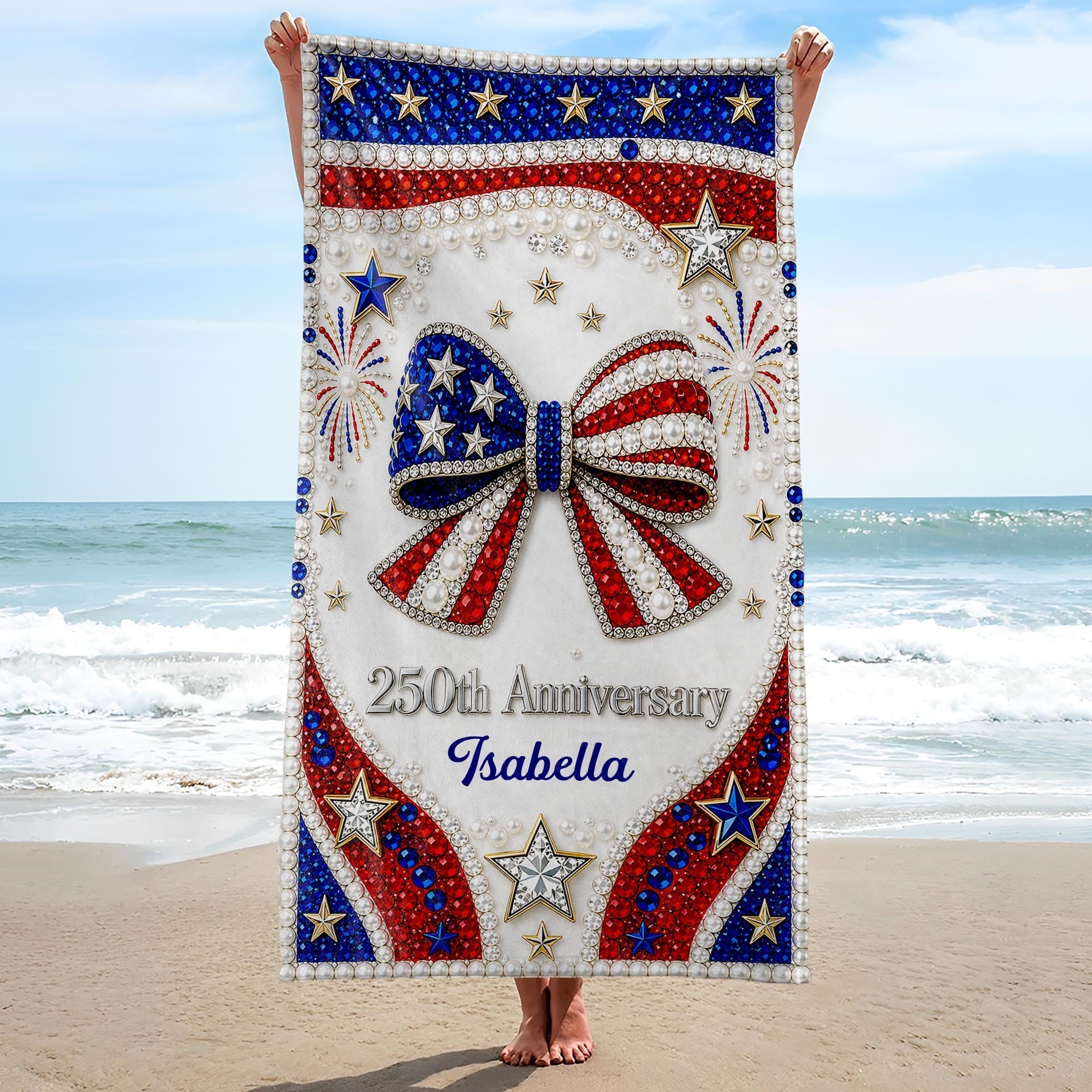 Personalized 4th of July Beach Towel Custom Name USA Flag