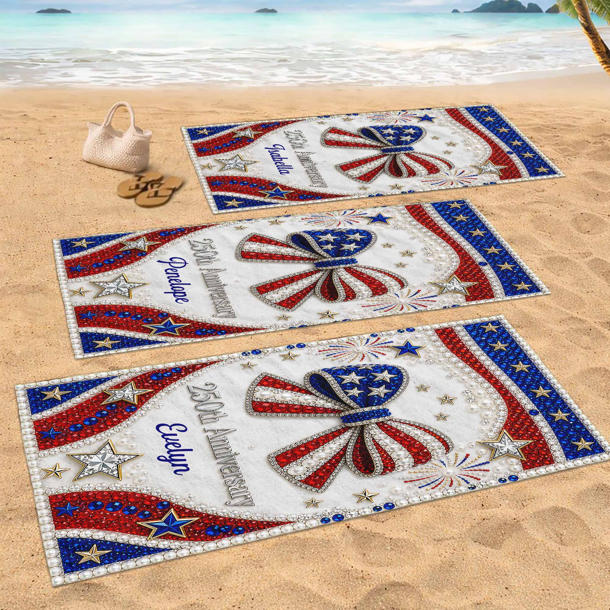 Personalized 4th of July Beach Towel Custom Name USA Flag