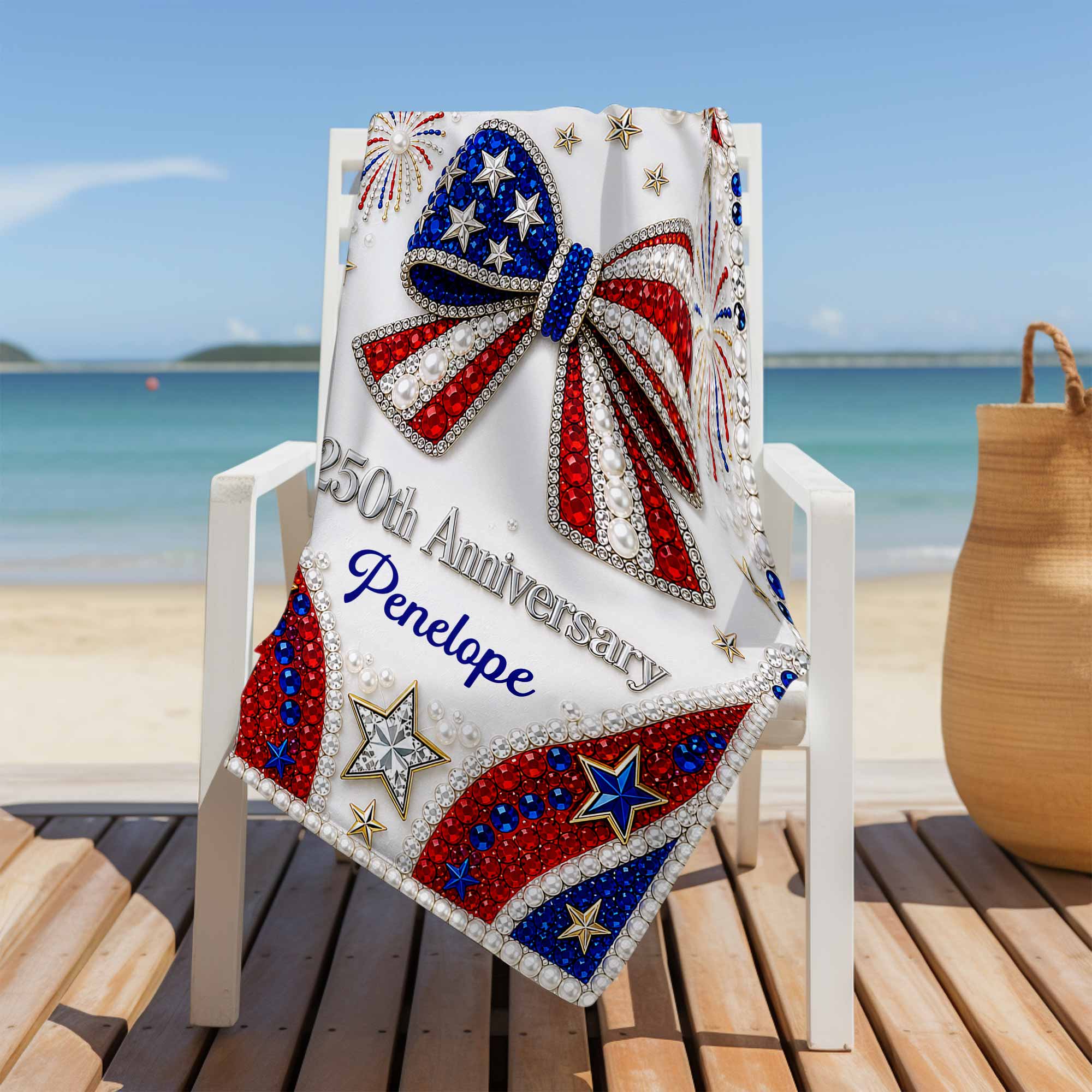 Personalized 4th of July Beach Towel Custom Name USA Flag