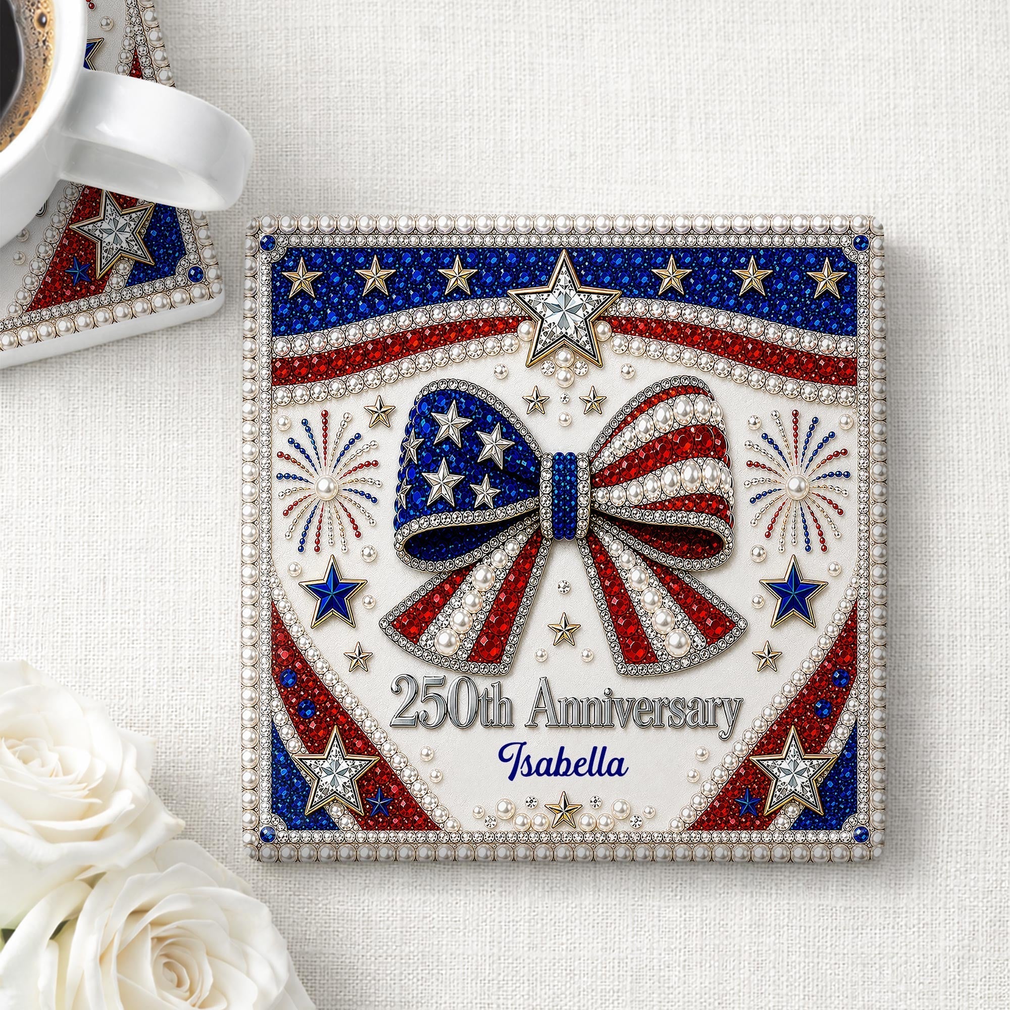 Personalized American Flag Ceramic Coaster Unique Gift