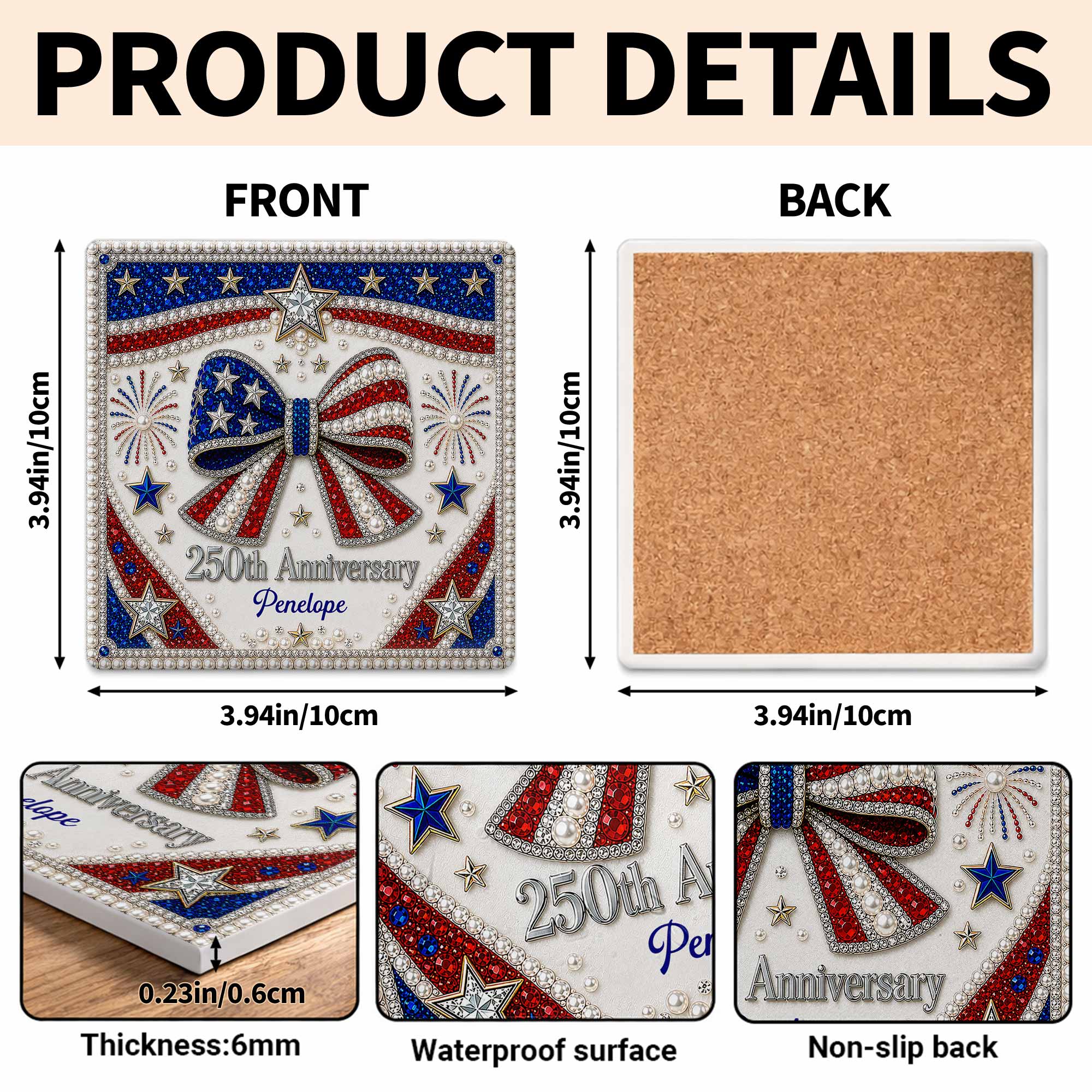 Personalized American Flag Ceramic Coaster Unique Gift