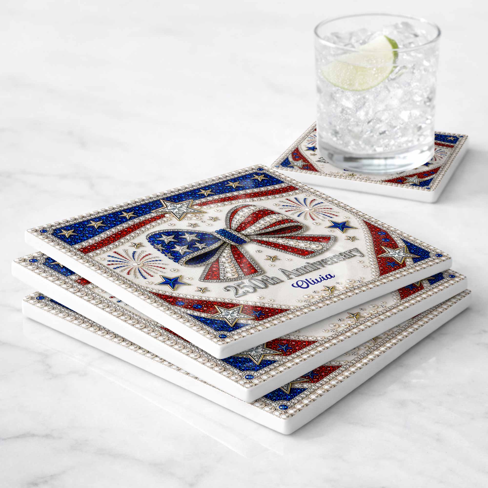 Personalized American Flag Ceramic Coaster Unique Gift
