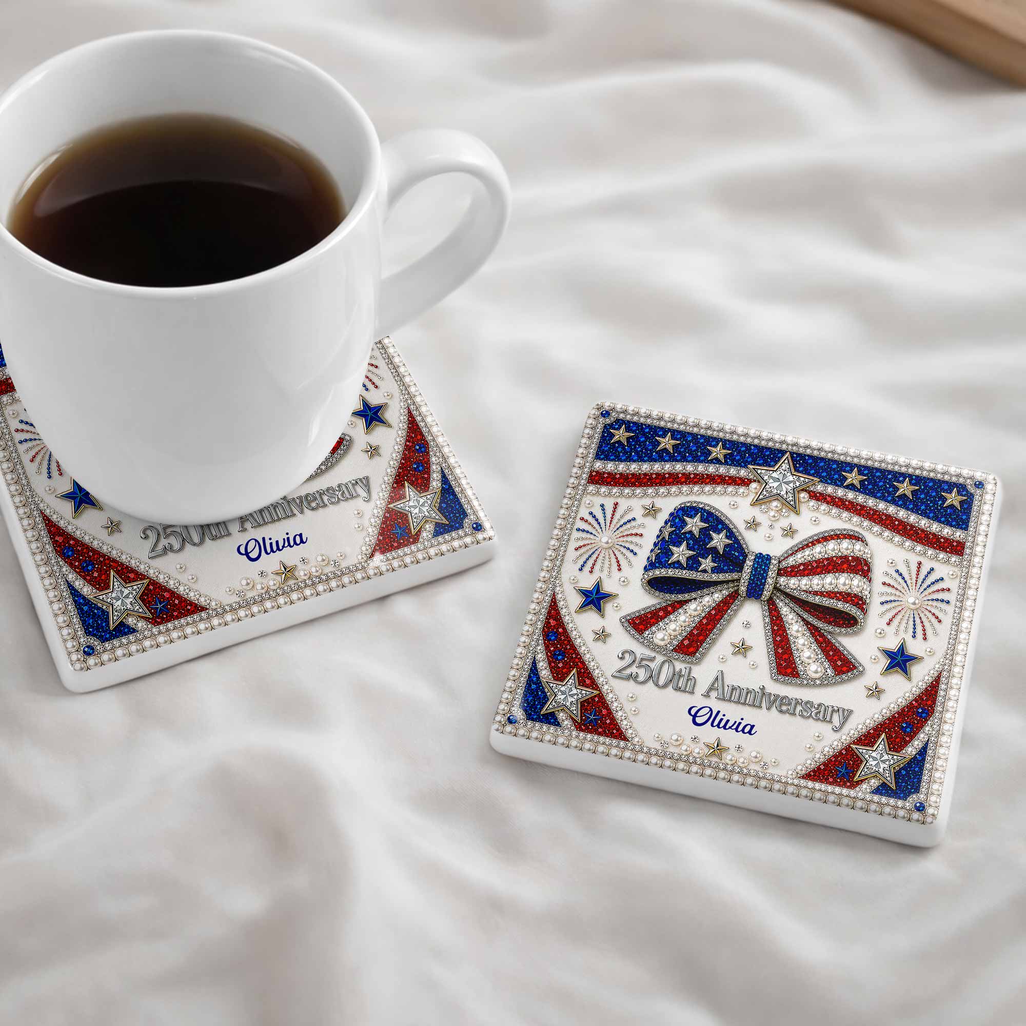 Personalized American Flag Ceramic Coaster Unique Gift