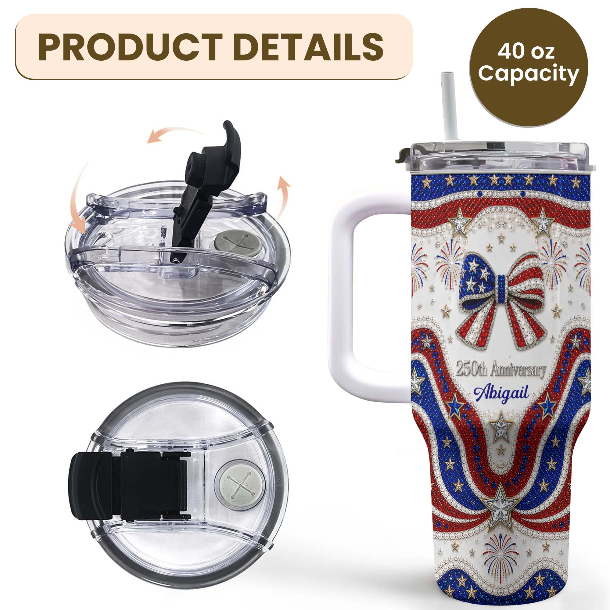 Personalized 40oz Tumbler with Straw Custom Name Gift for Independence Day