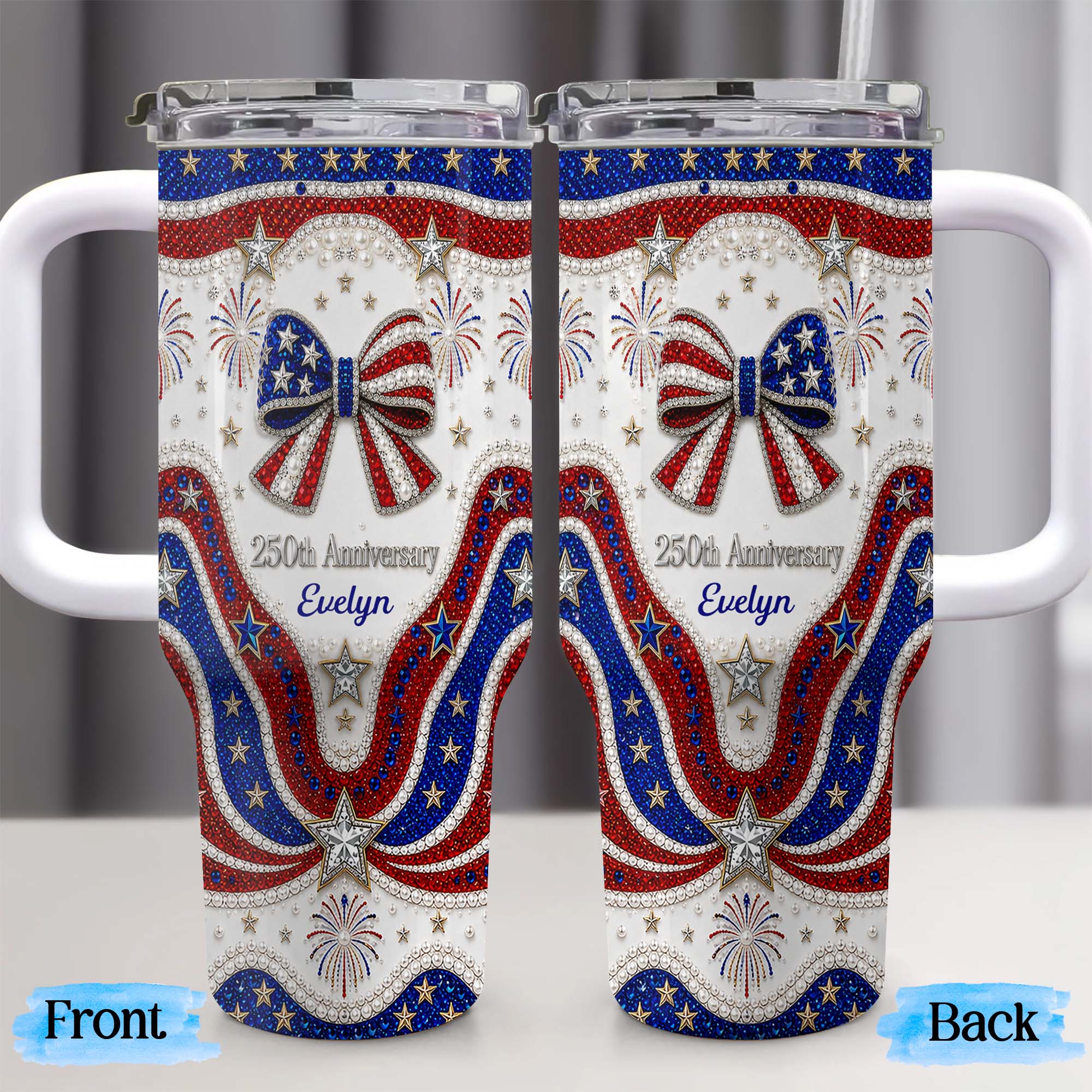Personalized 40oz Tumbler with Straw Custom Name Gift for Independence Day