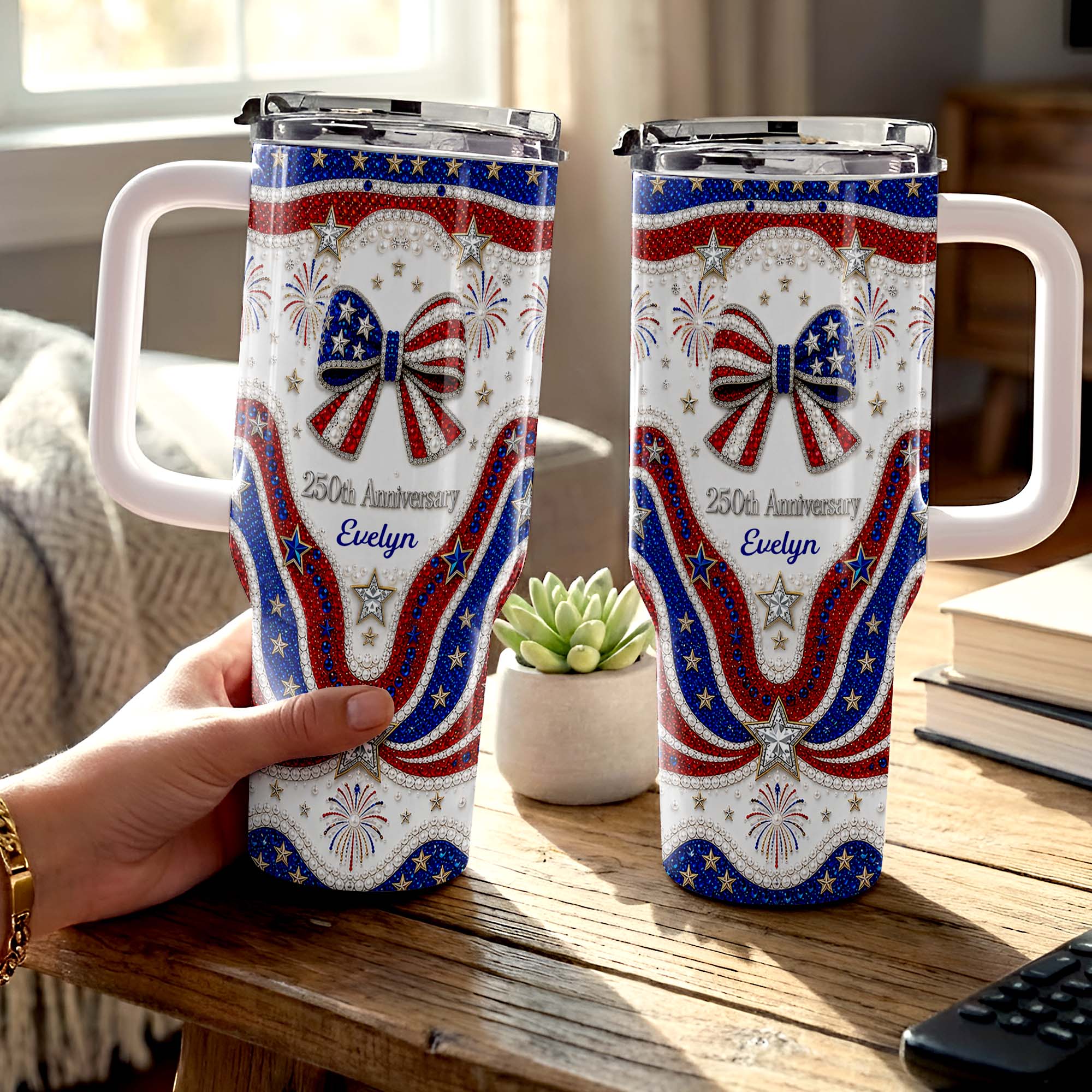 Personalized 40oz Tumbler with Straw Custom Name Gift for Independence Day