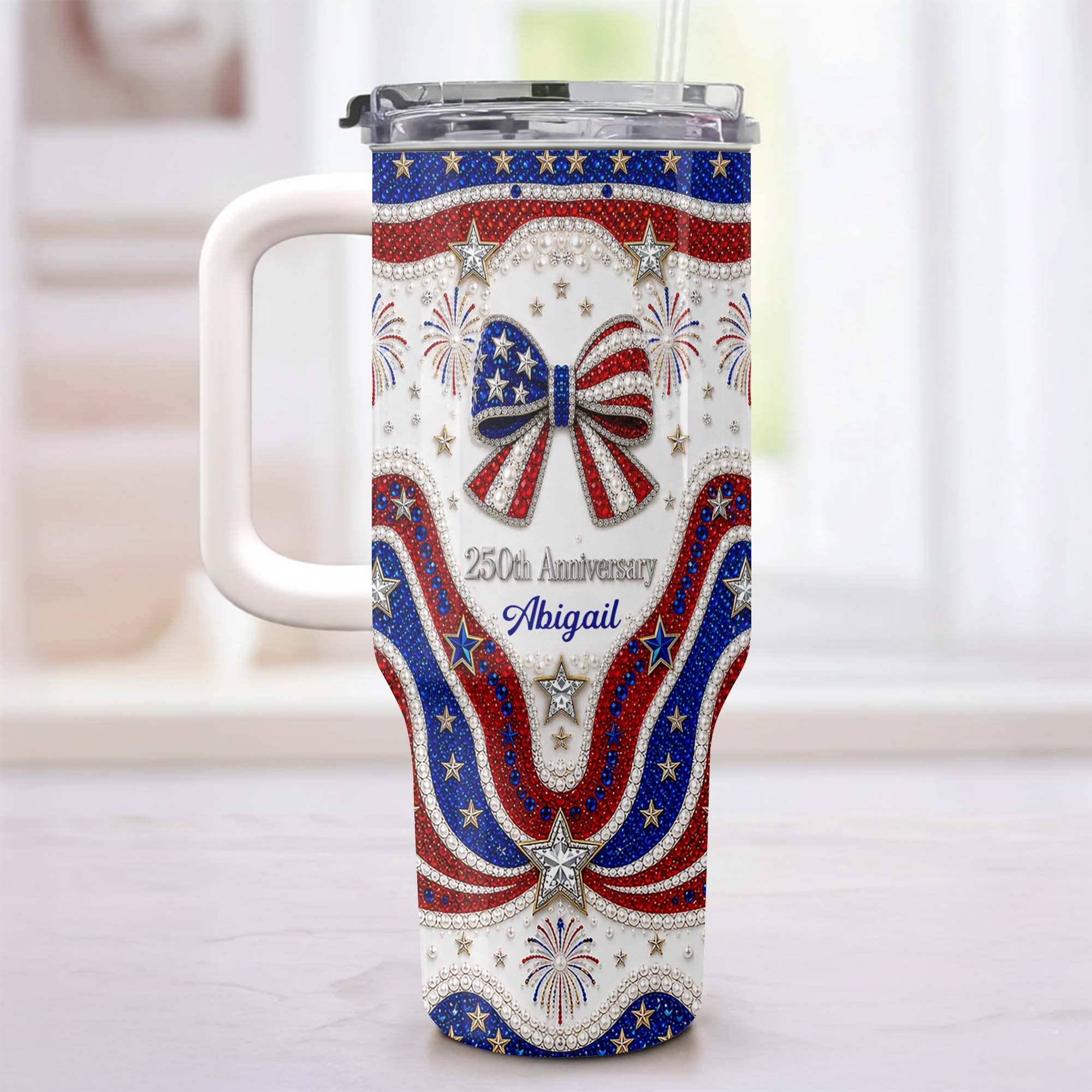 Personalized 40oz Tumbler with Straw Custom Name Gift for Independence Day
