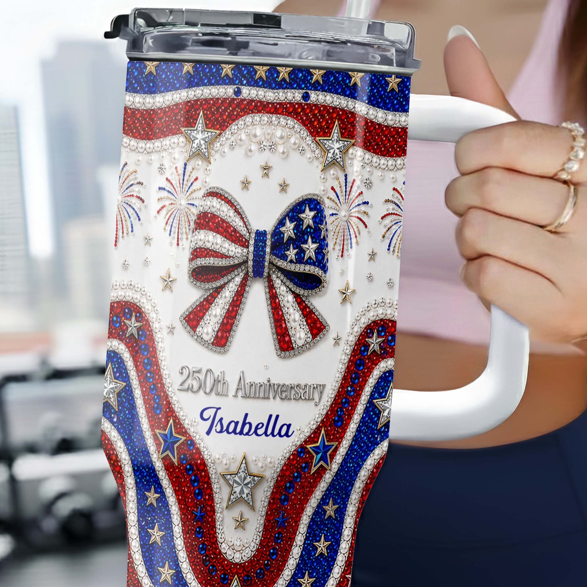 Personalized 40oz Tumbler with Straw Custom Name Gift for Independence Day