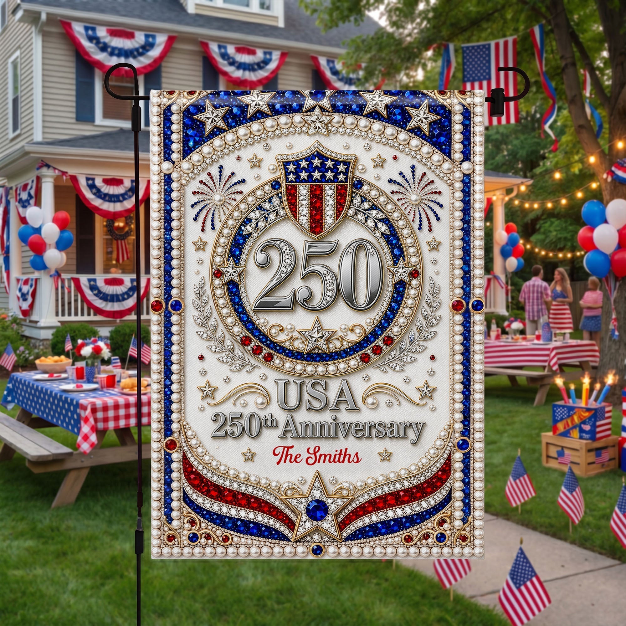 Personalized 3D Rhinestone Stars Flag Custom Name for Family
