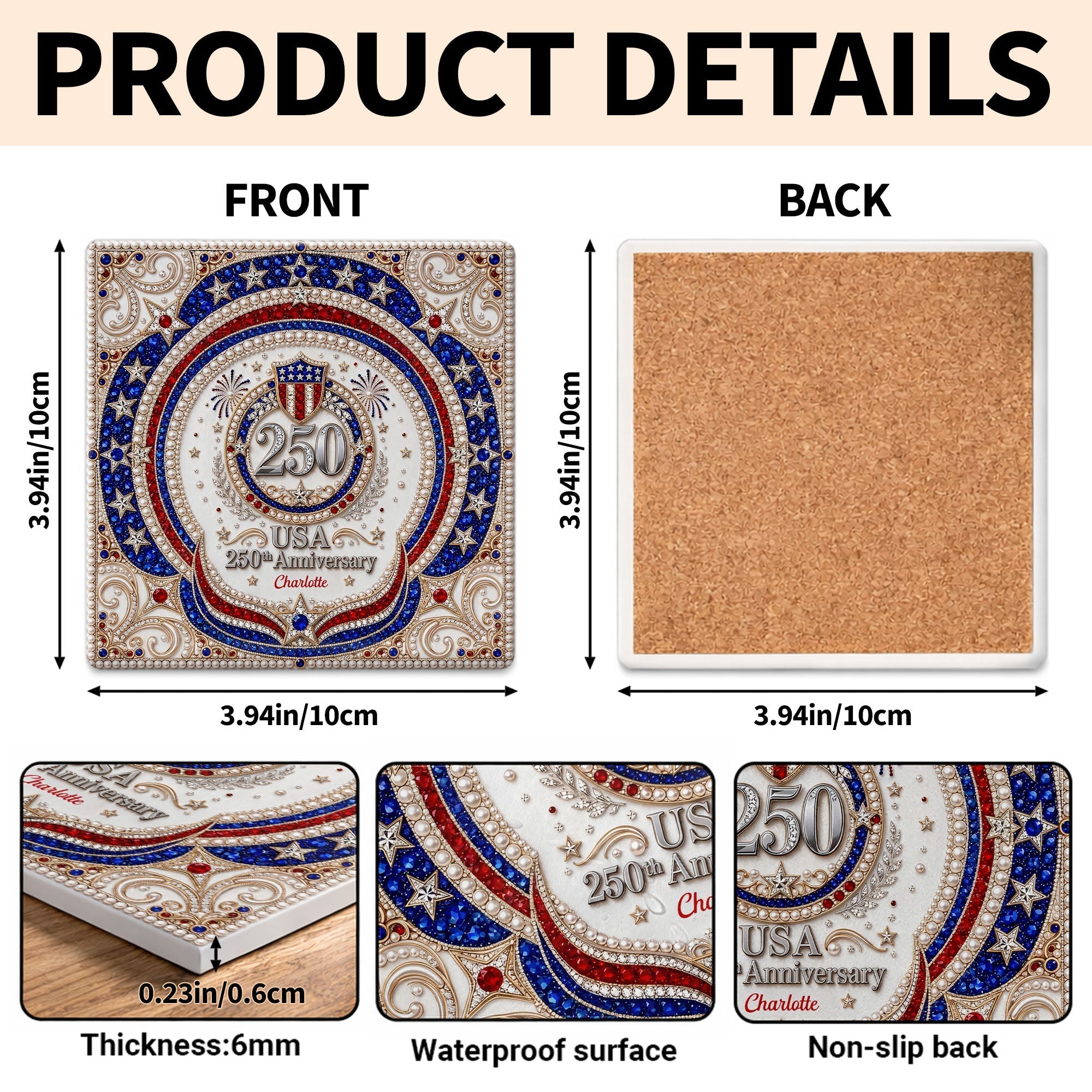 Personalized Ceramic Coaster USA 250th Anniversary Gift