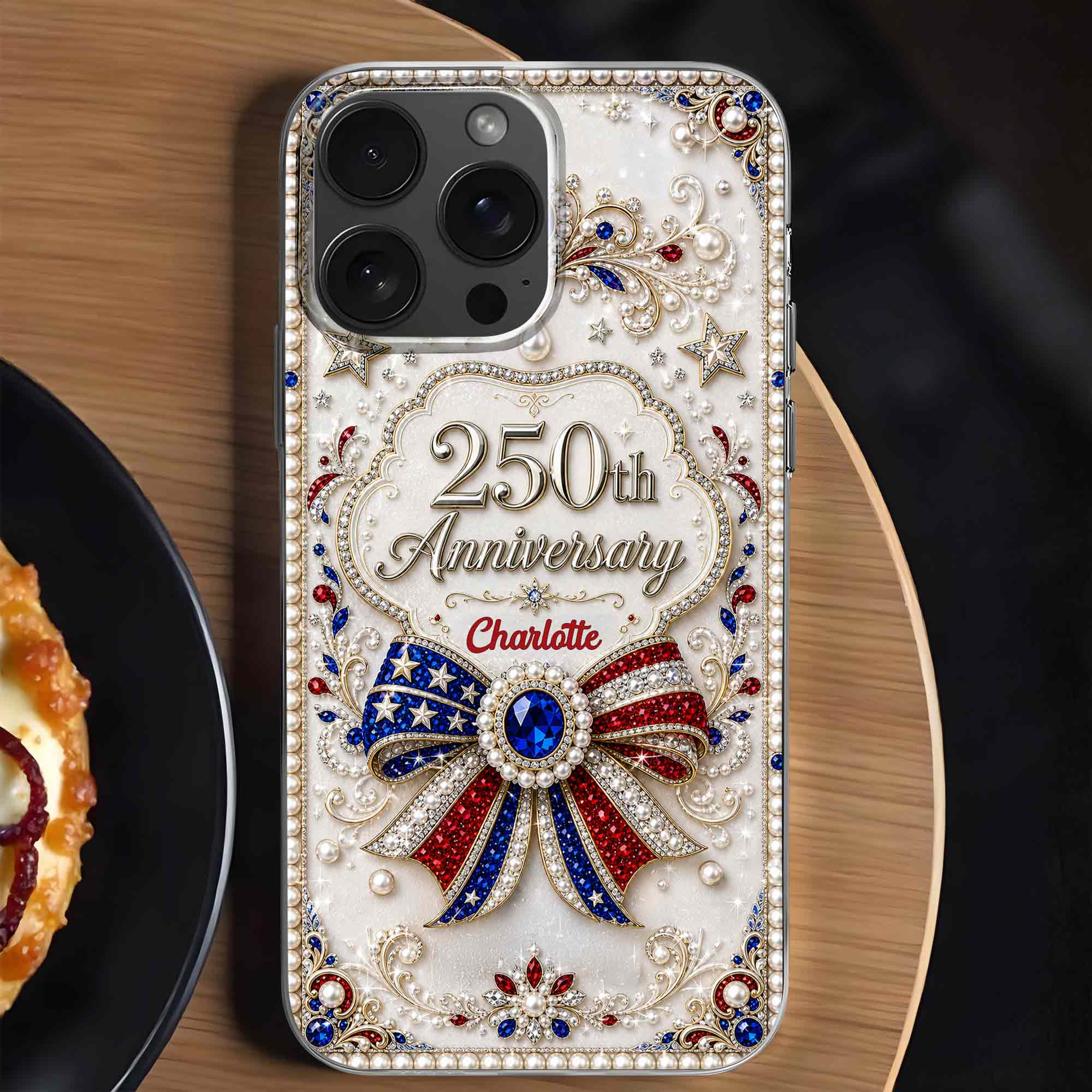 Personalized Clear Phone Case USA Flag 3D Rhinestone Gift for Mom