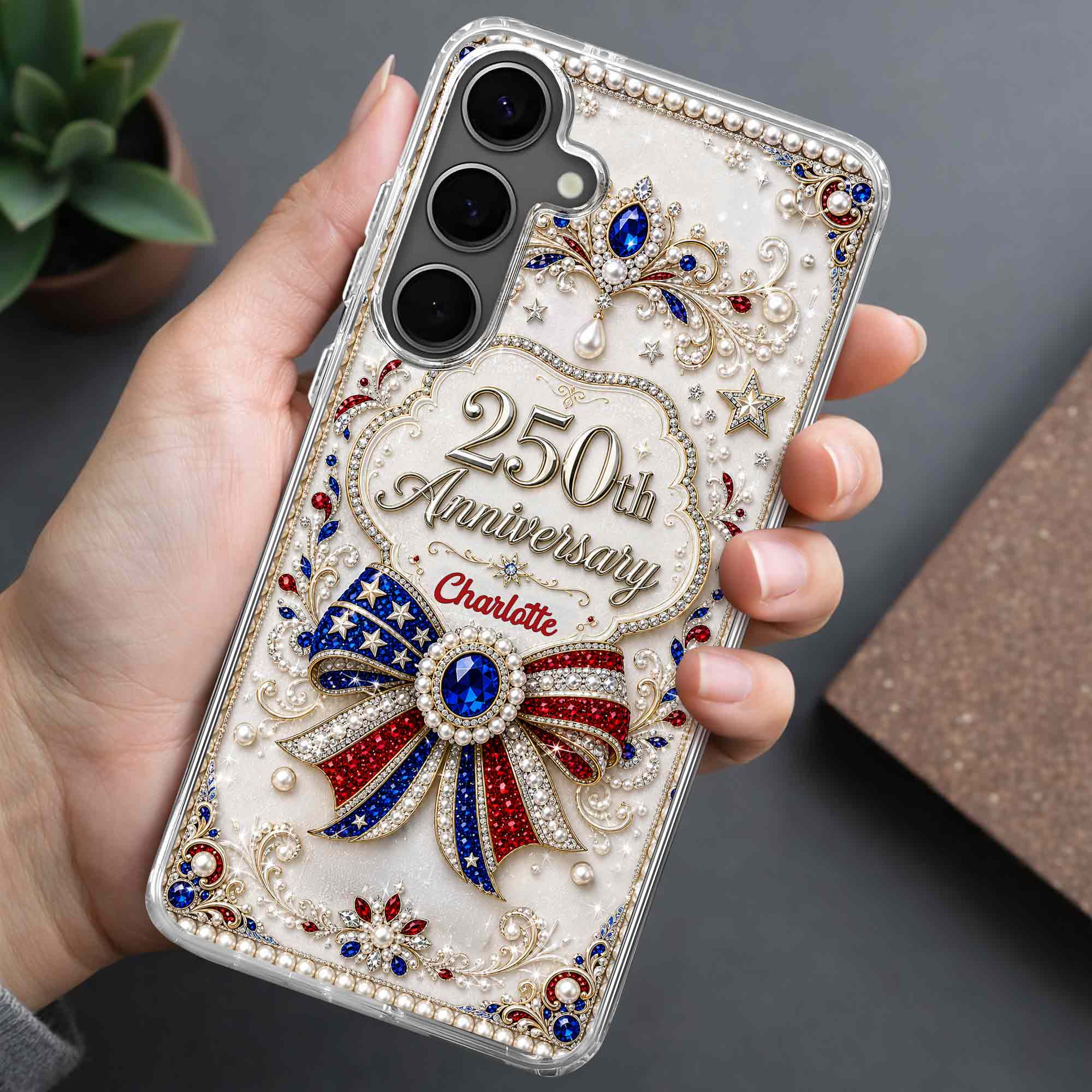 Personalized Clear Phone Case USA Flag 3D Rhinestone Gift for Mom
