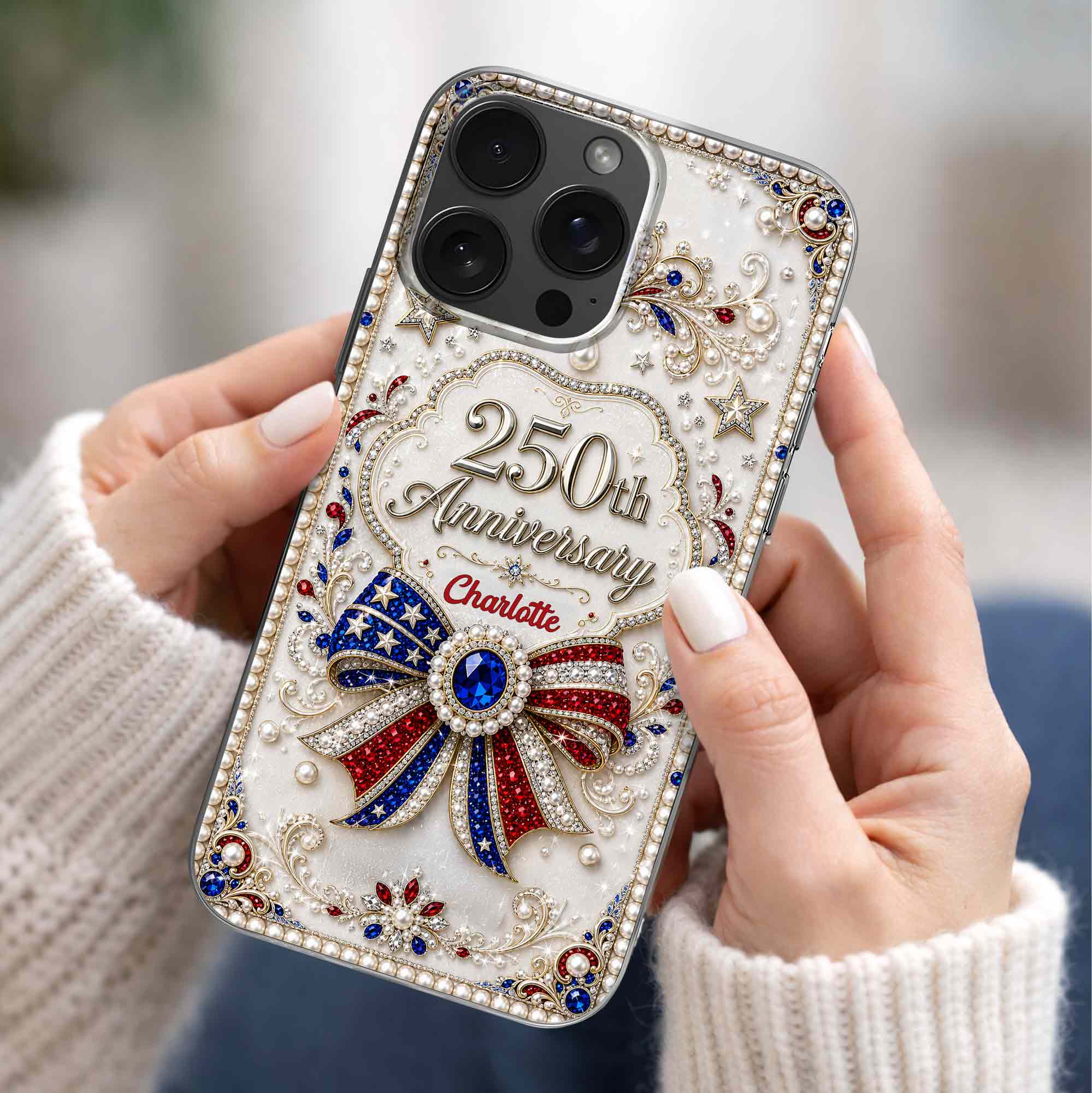 Personalized Clear Phone Case USA Flag 3D Rhinestone Gift for Mom