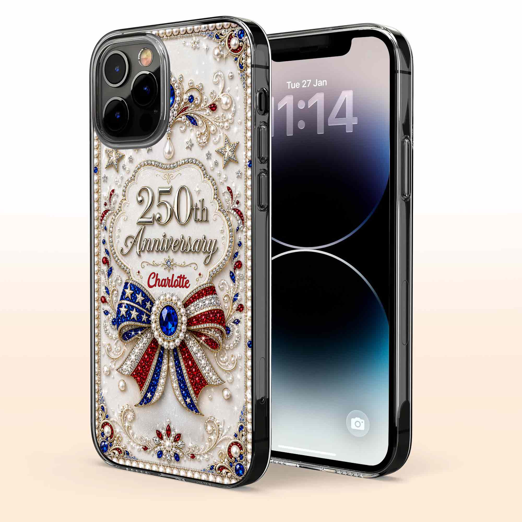 Personalized Clear Phone Case USA Flag 3D Rhinestone Gift for Mom