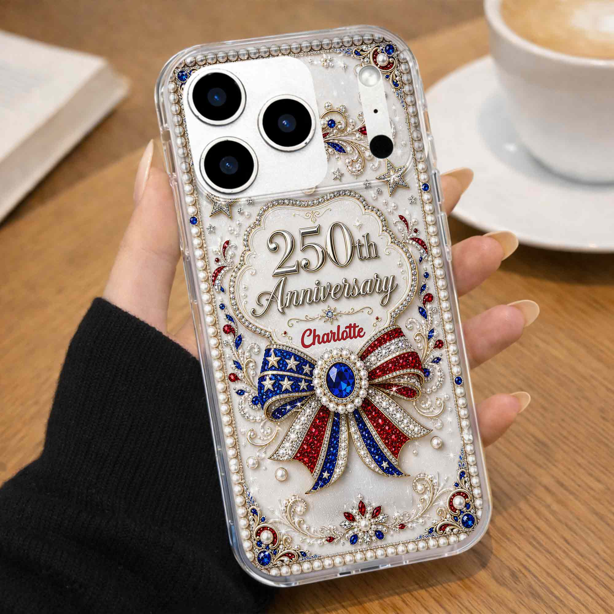 Personalized Clear Phone Case USA Flag 3D Rhinestone Gift for Mom