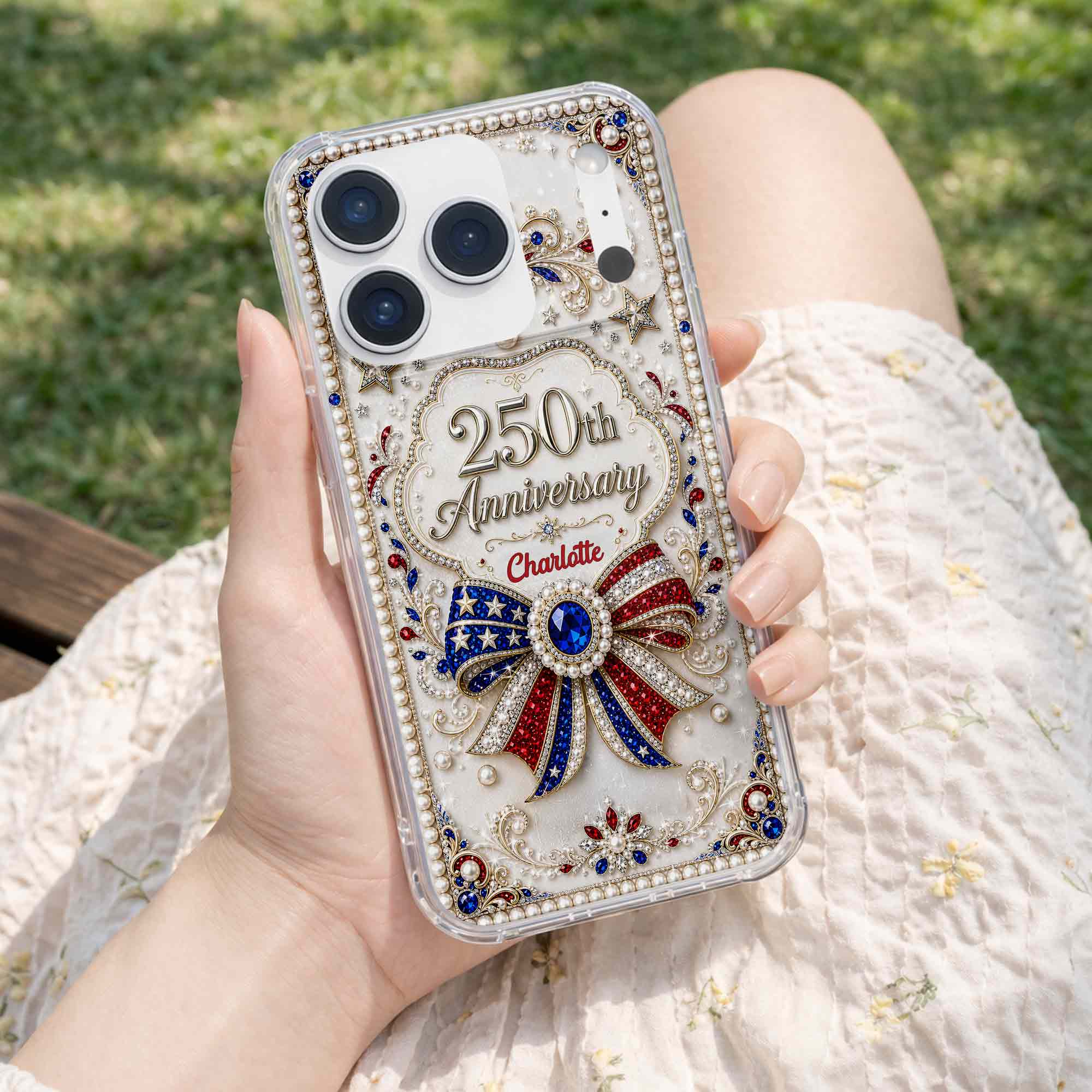 Personalized Clear Phone Case USA Flag 3D Rhinestone Gift for Mom