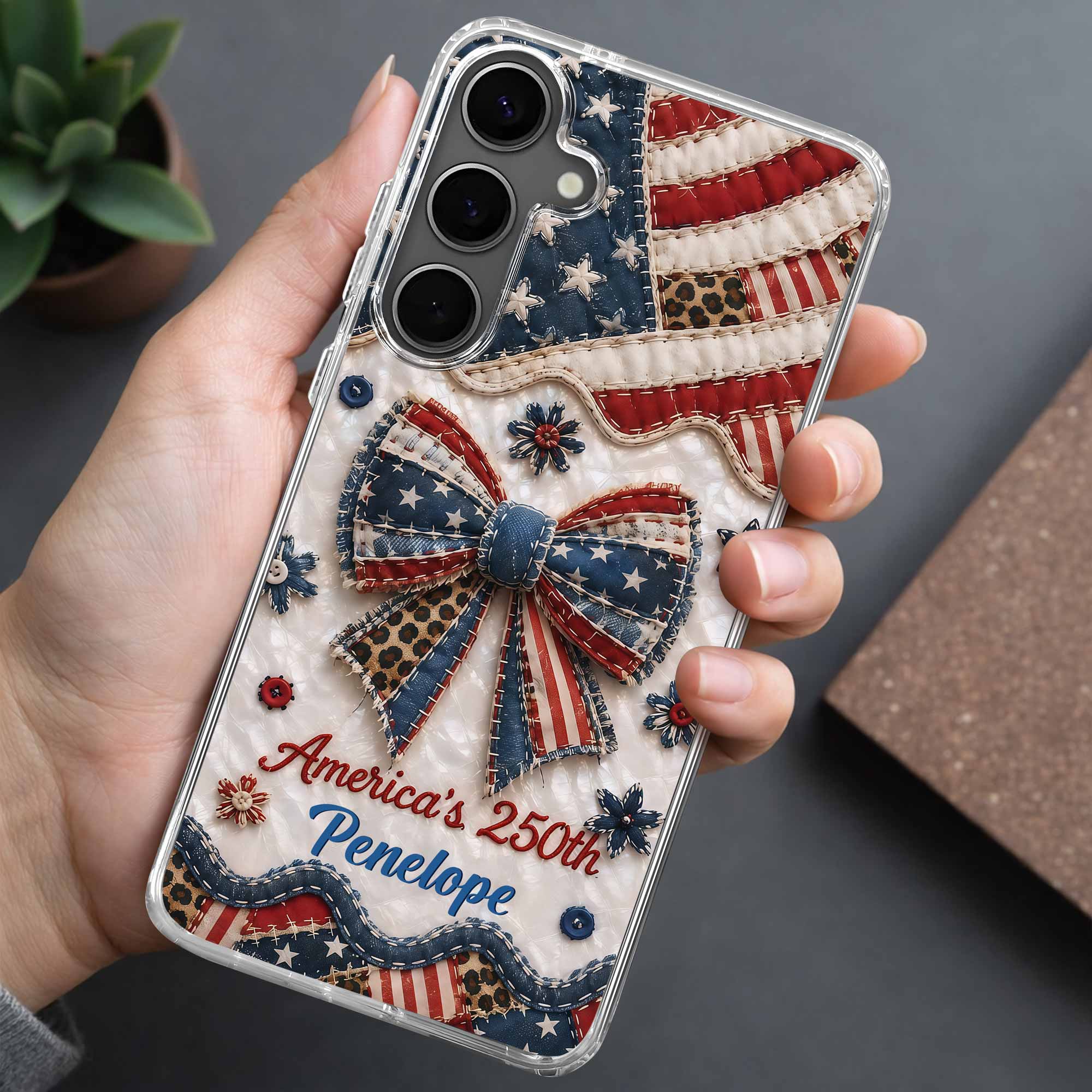 Personalized Clear Phone Case with American Flag & Leopard Print Gift for 4th of July