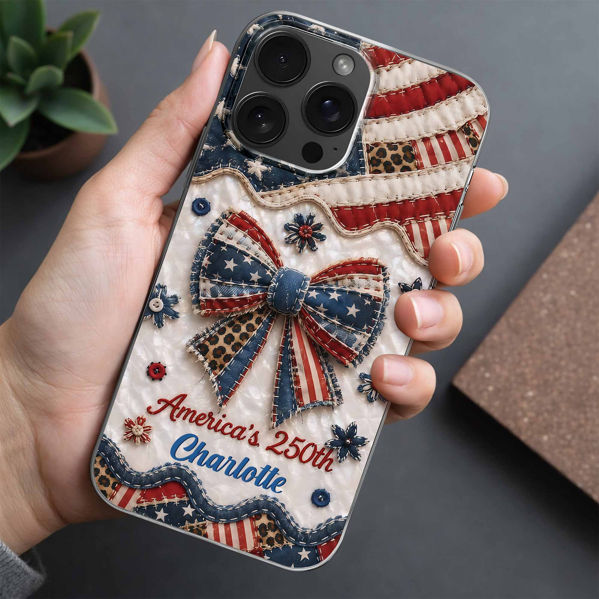Personalized Clear Phone Case with American Flag & Leopard Print Gift for 4th of July