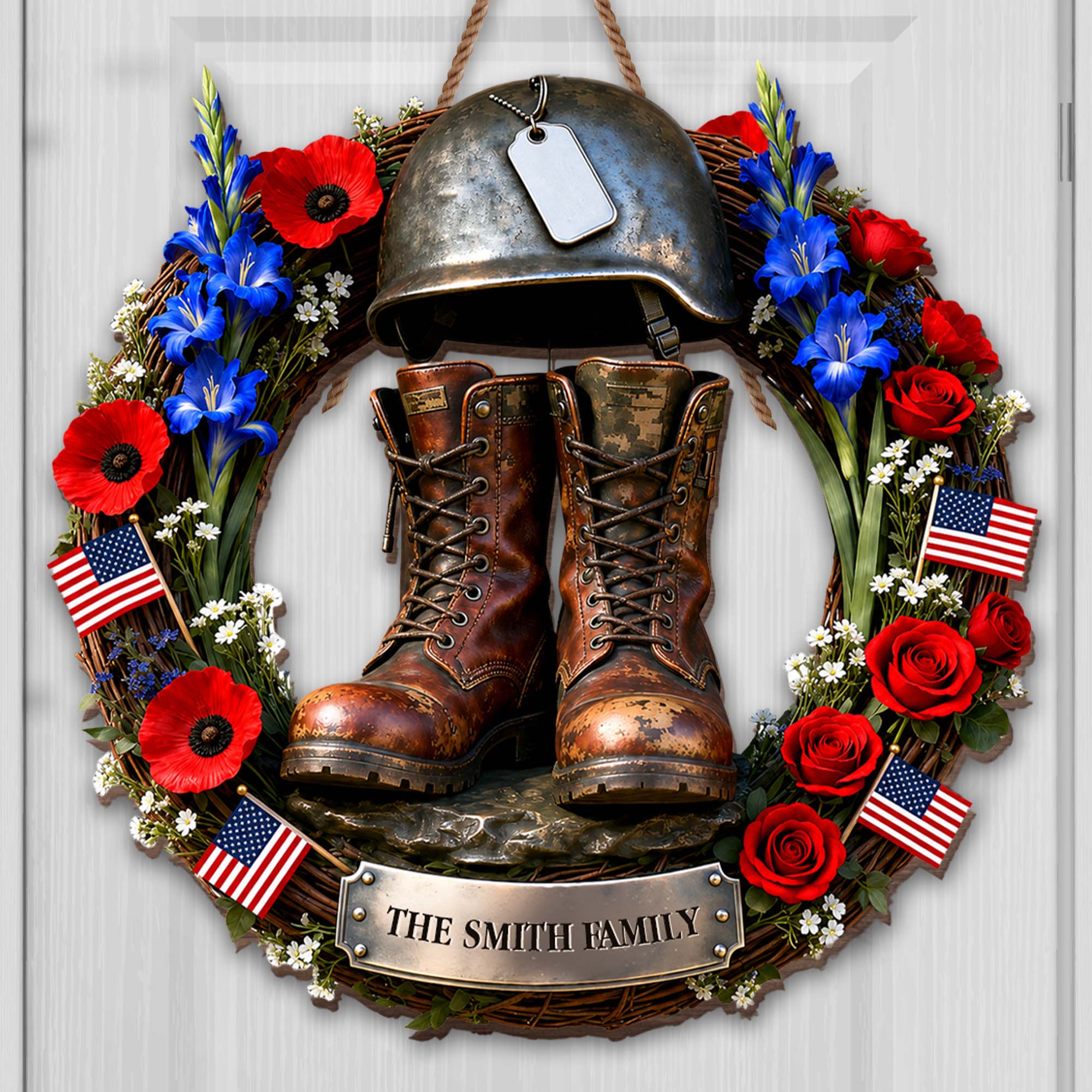 Personalized Military Helmet Combat Boots Wood Sign Family Name Gift