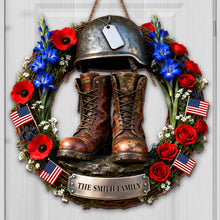 Load image into Gallery viewer, Personalized Military Helmet Combat Boots Wood Sign Family Name Gift
