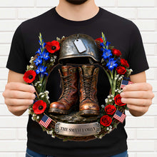 Load image into Gallery viewer, Personalized Military Helmet Combat Boots Wood Sign Family Name Gift
