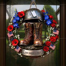 Load image into Gallery viewer, Personalized Military Helmet Combat Boots Wood Sign Family Name Gift
