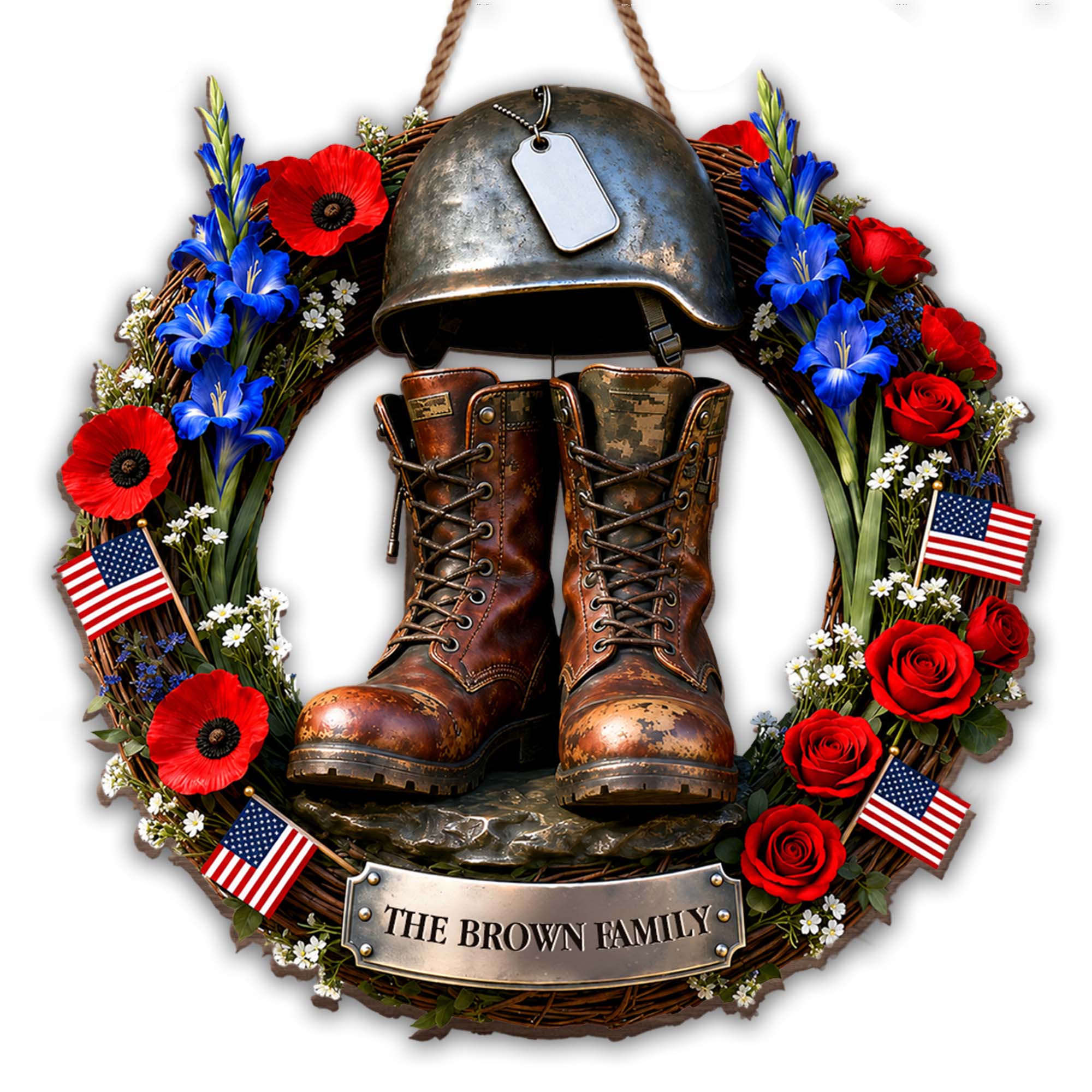 Personalized Military Helmet Combat Boots Wood Sign Family Name Gift