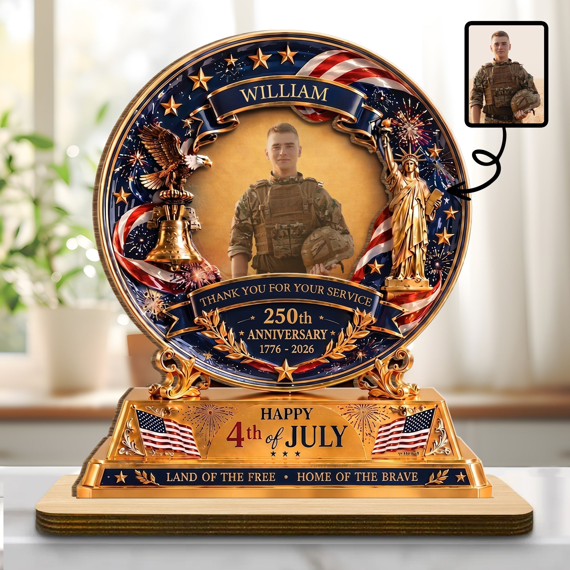 Personalized 2-Layer Wood Plaque Custom Eagle Flag Gift - 4th of July