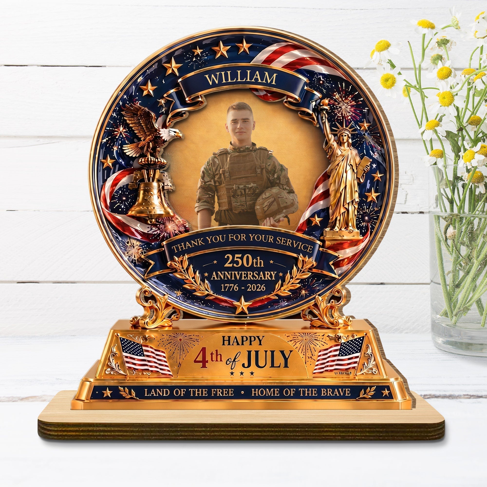 Personalized 2-Layer Wood Plaque Custom Eagle Flag Gift - 4th of July
