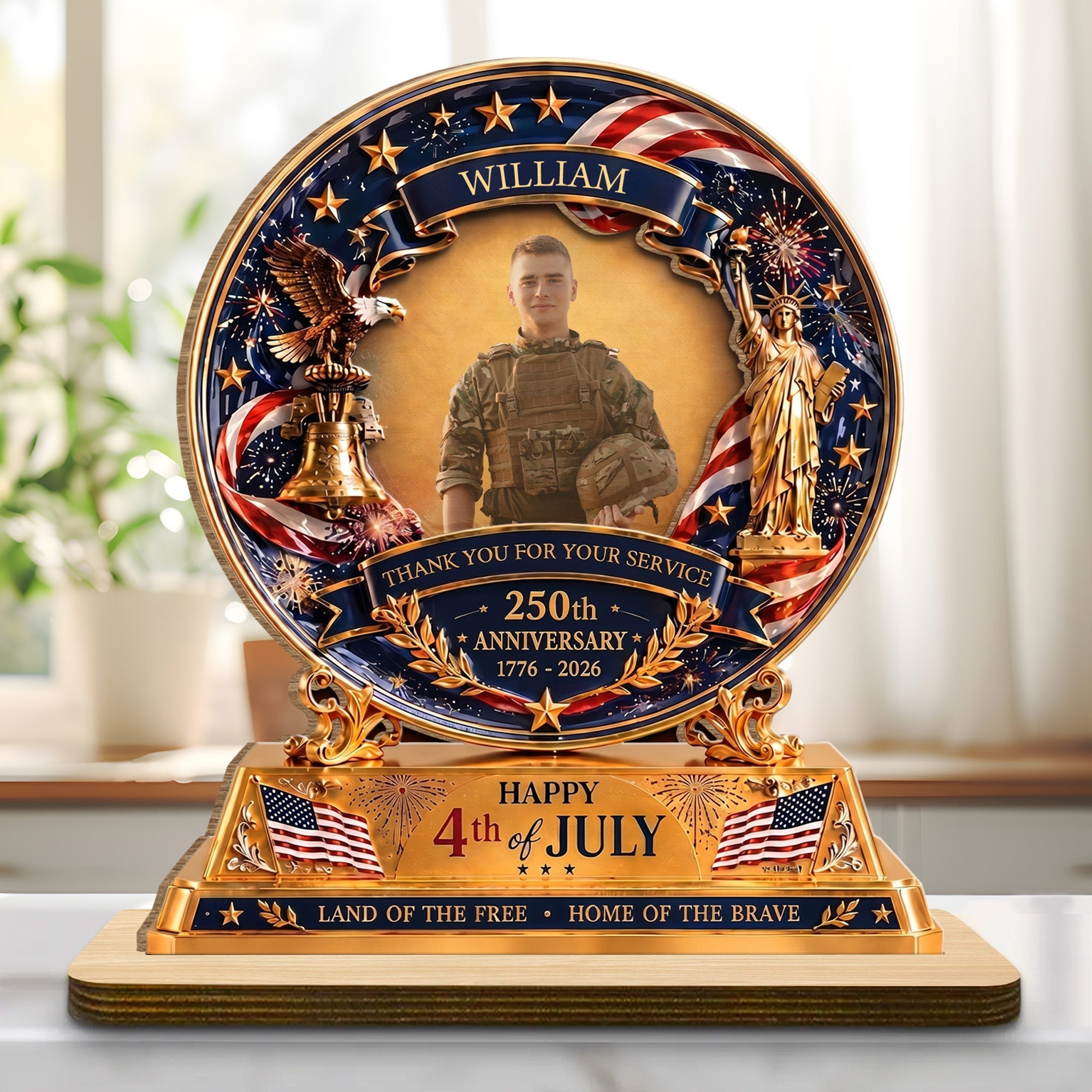 Personalized 2-Layer Wood Plaque Custom Eagle Flag Gift - 4th of July
