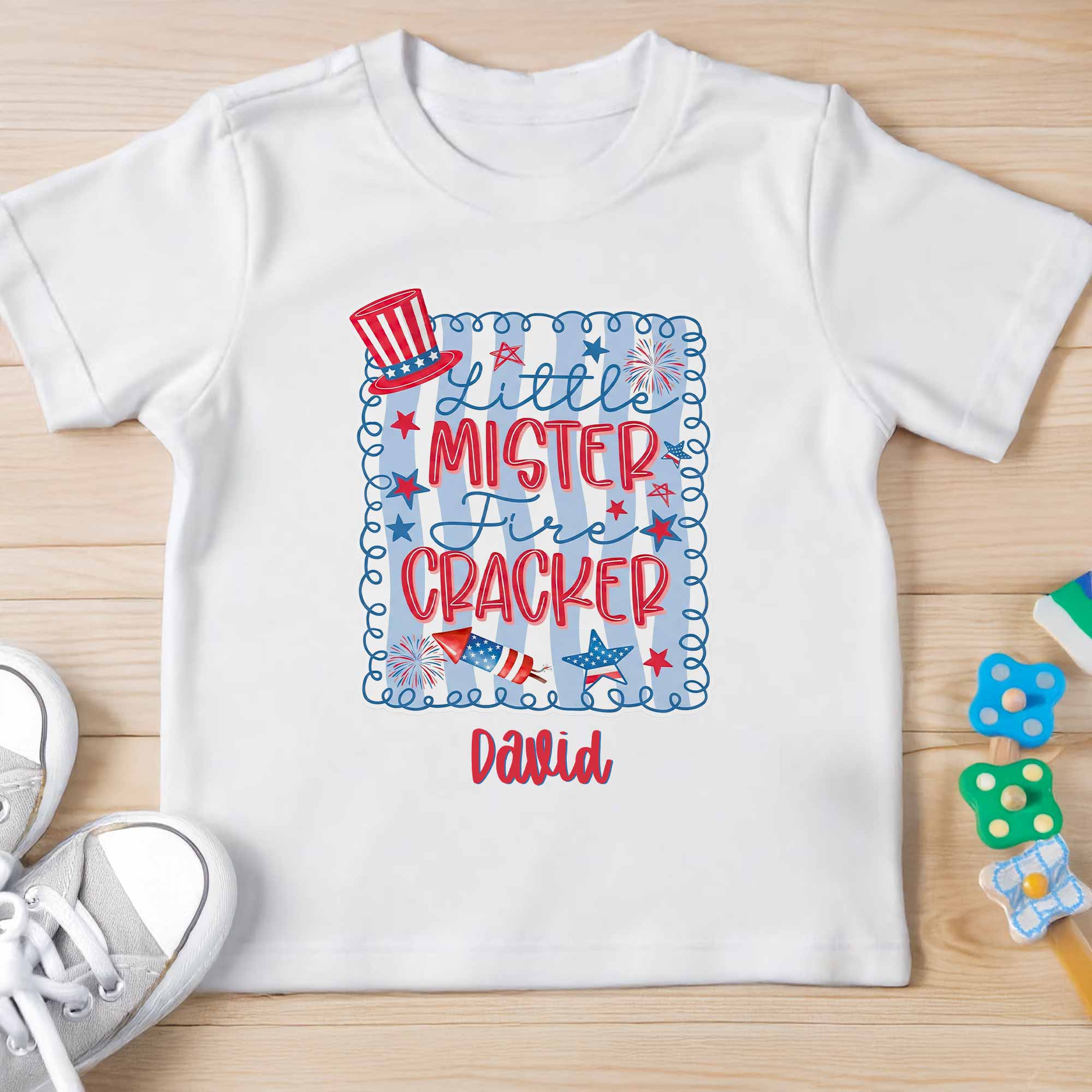 Personalized Kids T-Shirt Custom Name Fire Cracker Design 4th of July Gift
