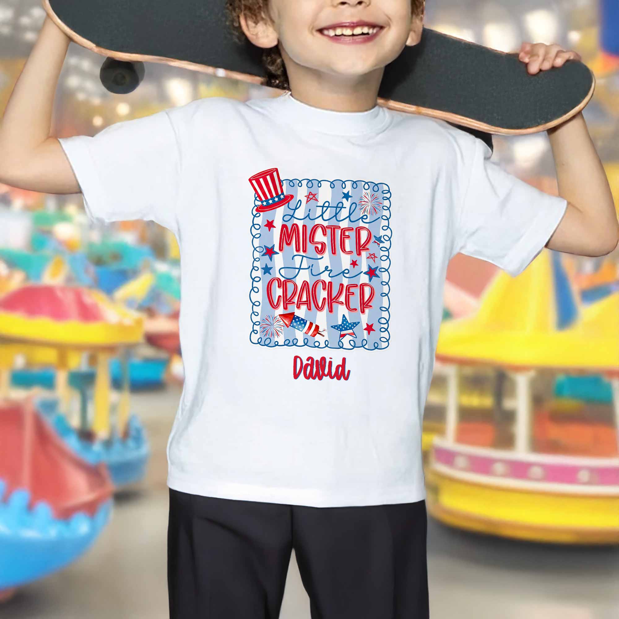 Personalized Kids T-Shirt Custom Name Fire Cracker Design 4th of July Gift