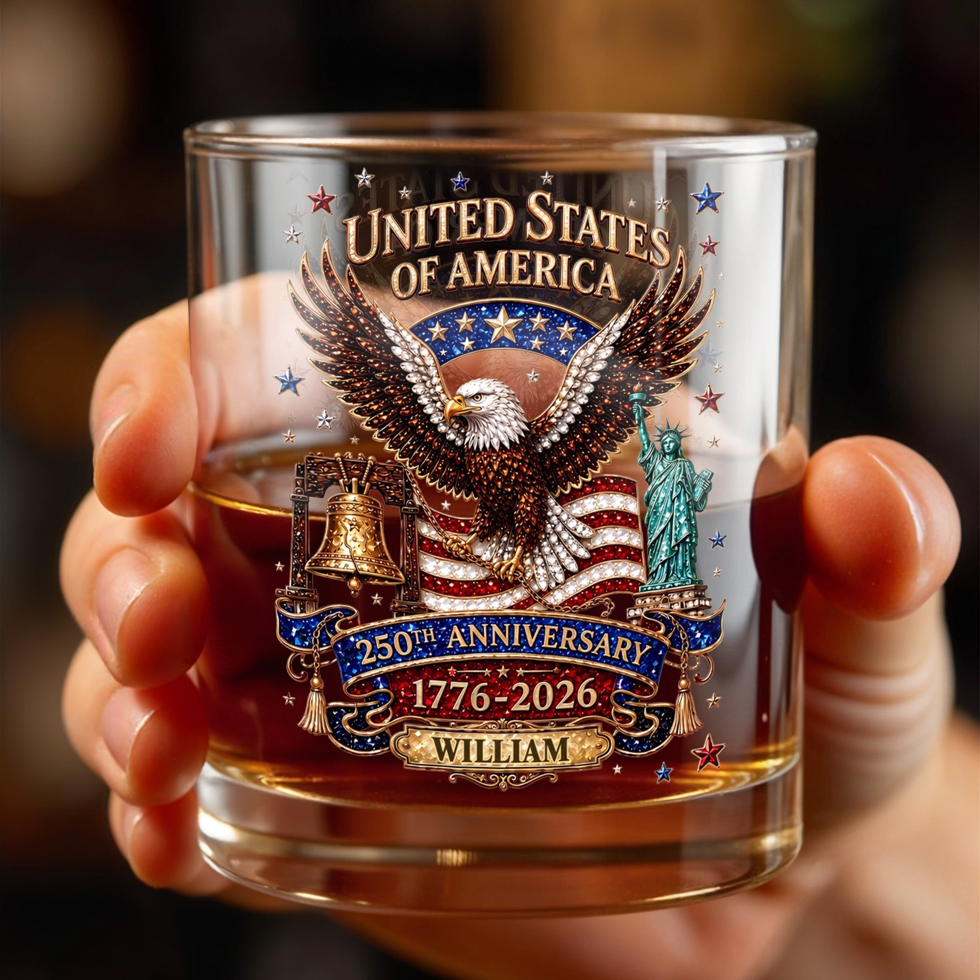 Personalized Custom Whiskey Glass American Flag Gift for Dad