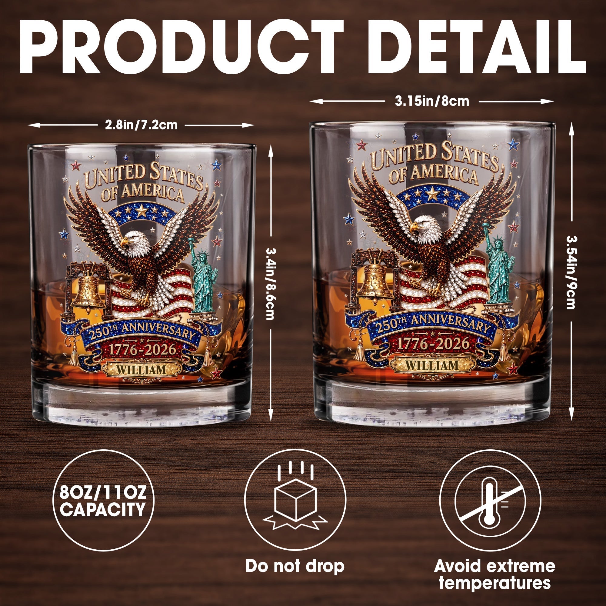 Personalized Custom Whiskey Glass American Flag Gift for Dad